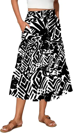 Floral Midi Length Skirt Casual Work Flowy A Line Skirts Summer Comfy Business Casual Outfits