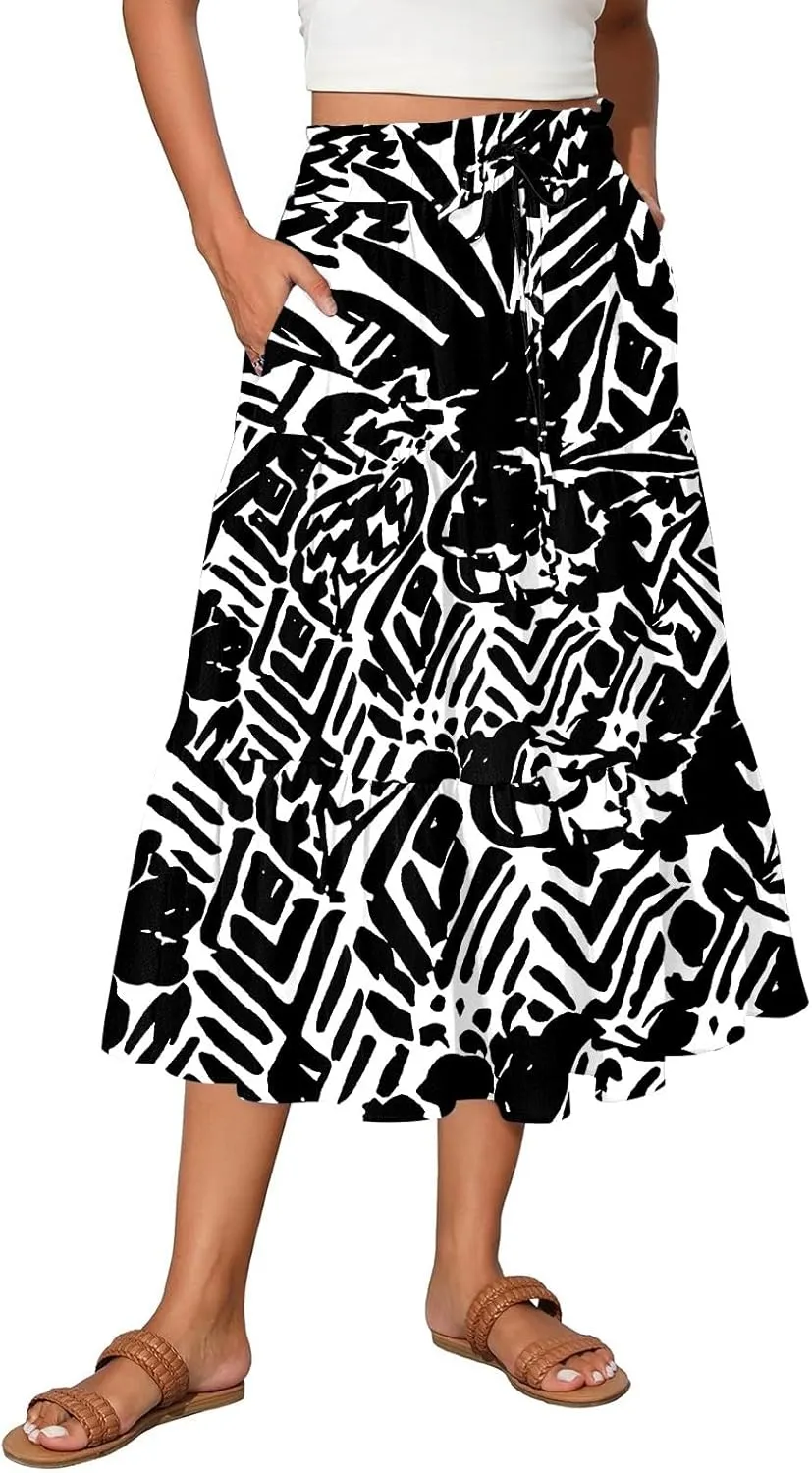 Floral Midi Length Skirt Casual Work Flowy A Line Skirts Summer Comfy Business Casual Outfits