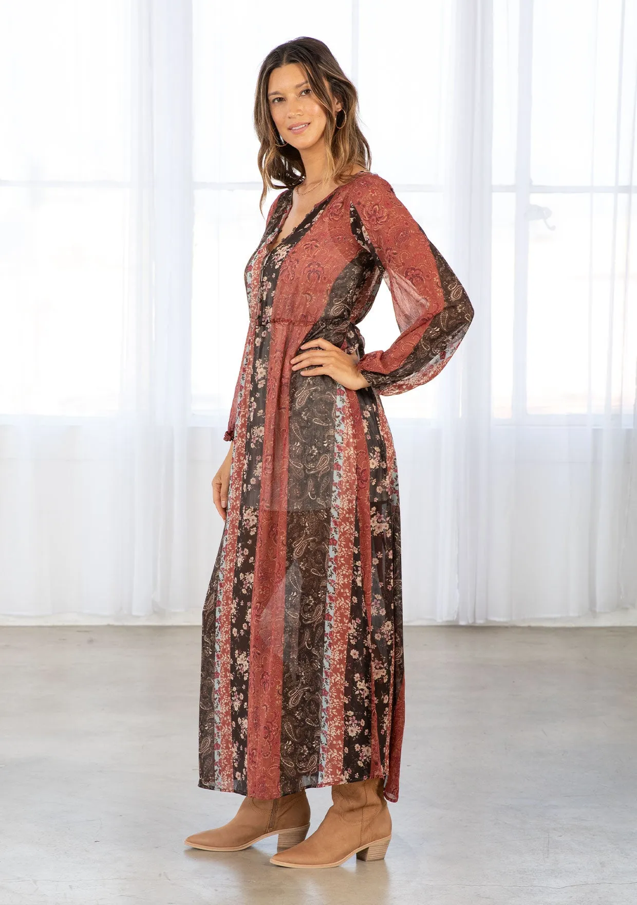 Floral Patchwork Bohemian Long Sleeve Maxi Dress