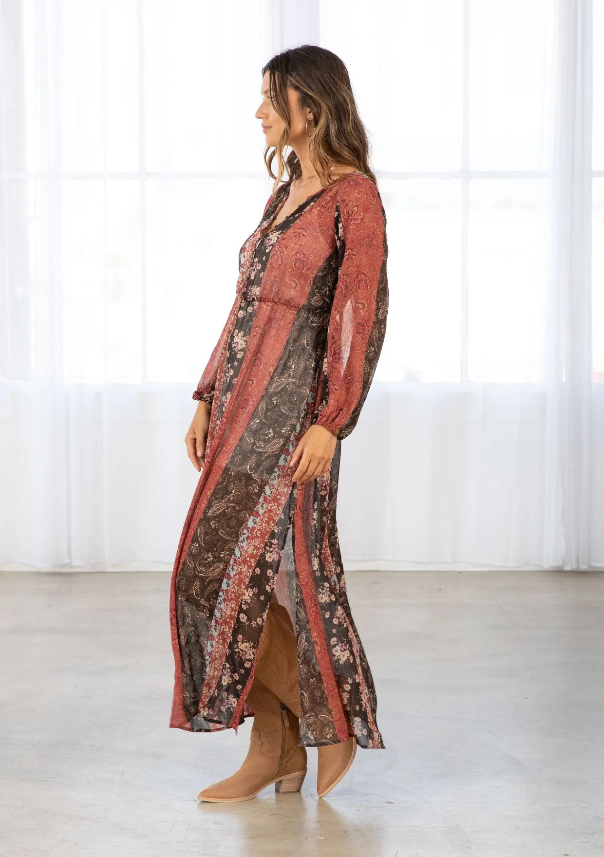 Floral Patchwork Bohemian Long Sleeve Maxi Dress
