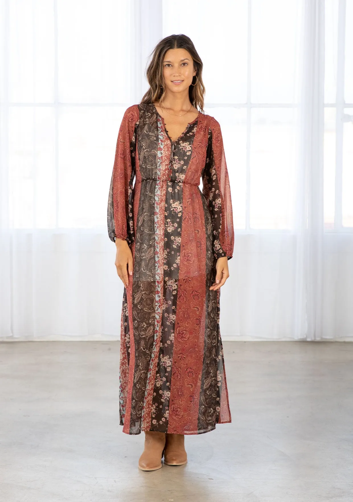 Floral Patchwork Bohemian Long Sleeve Maxi Dress