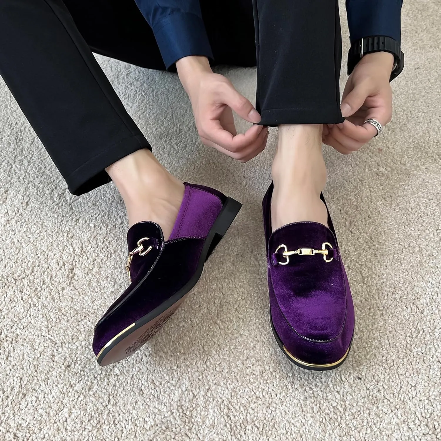 FLQL Men's Luxury Velvet Penny Loafers Shoes Embroidery Suede Dress Loafers Daily Boats Shoes for Party Wedding Prom Size 7-13