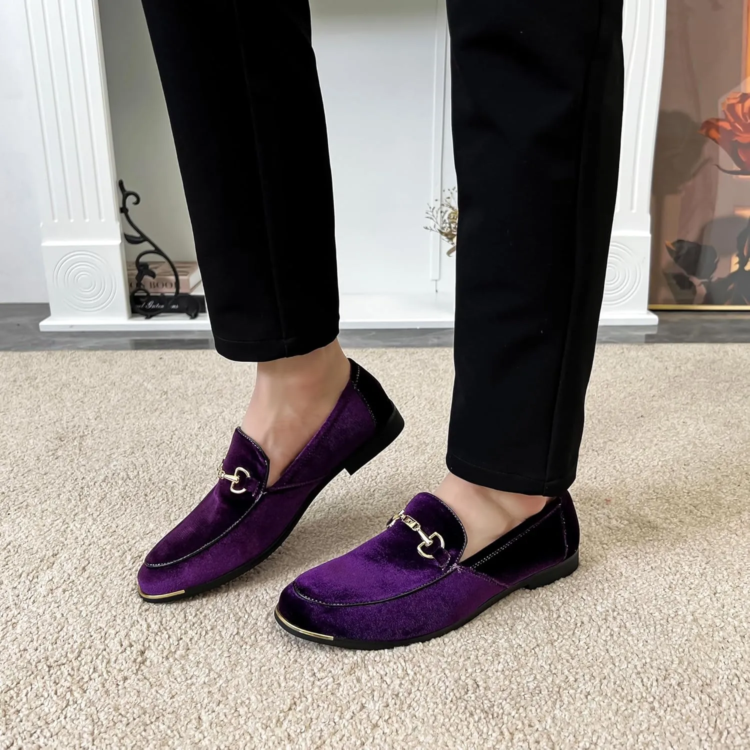 FLQL Men's Luxury Velvet Penny Loafers Shoes Embroidery Suede Dress Loafers Daily Boats Shoes for Party Wedding Prom Size 7-13