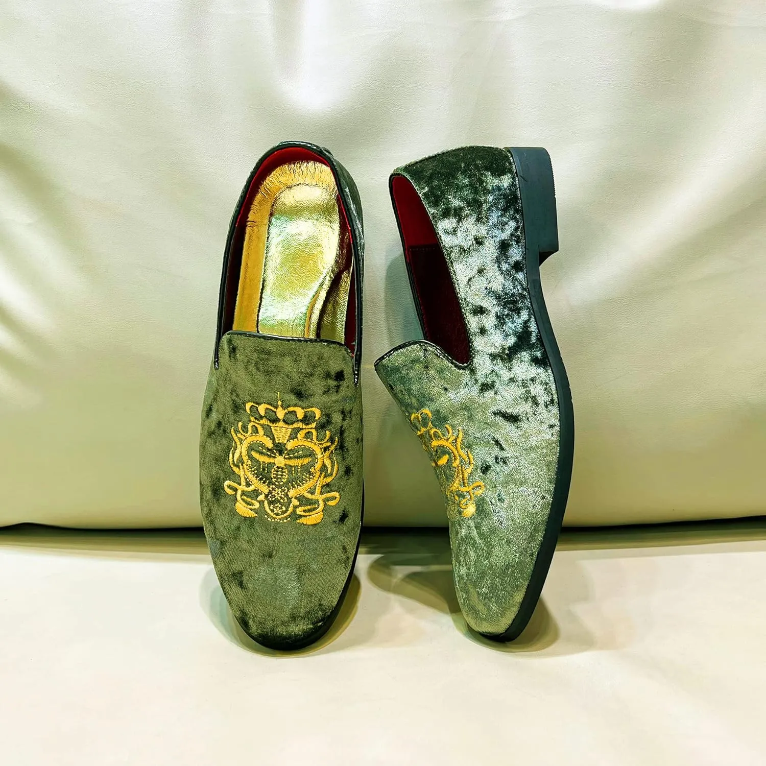 FLQL Men's Luxury Velvet Penny Loafers Shoes Embroidery Suede Dress Loafers Daily Boats Shoes for Party Wedding Prom Size 7-13