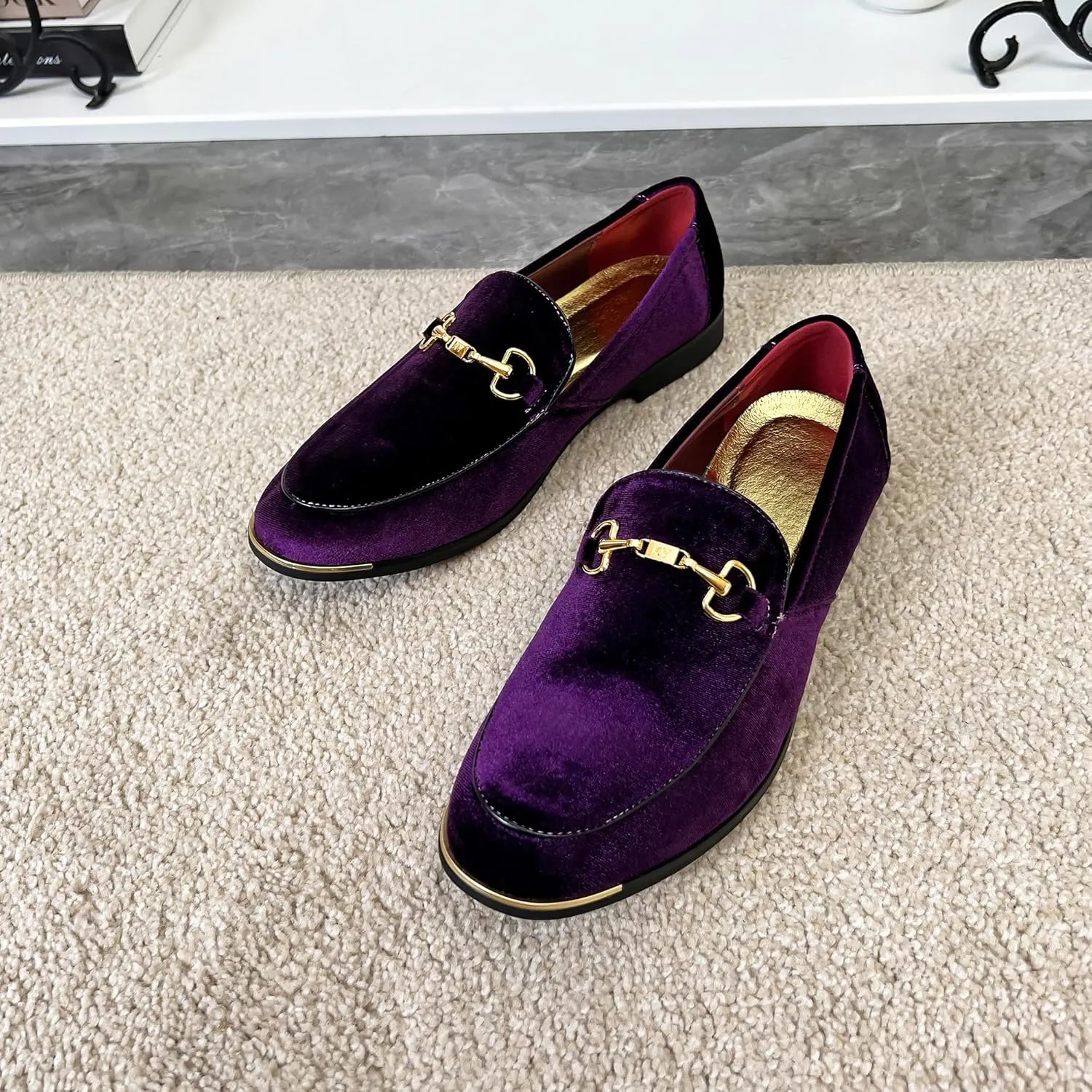 FLQL Men's Luxury Velvet Penny Loafers Shoes Embroidery Suede Dress Loafers Daily Boats Shoes for Party Wedding Prom Size 7-13