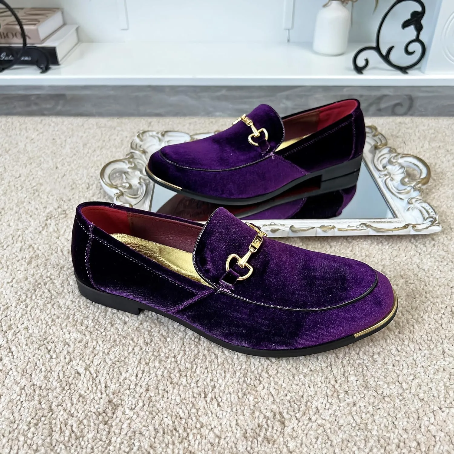 FLQL Men's Luxury Velvet Penny Loafers Shoes Embroidery Suede Dress Loafers Daily Boats Shoes for Party Wedding Prom Size 7-13
