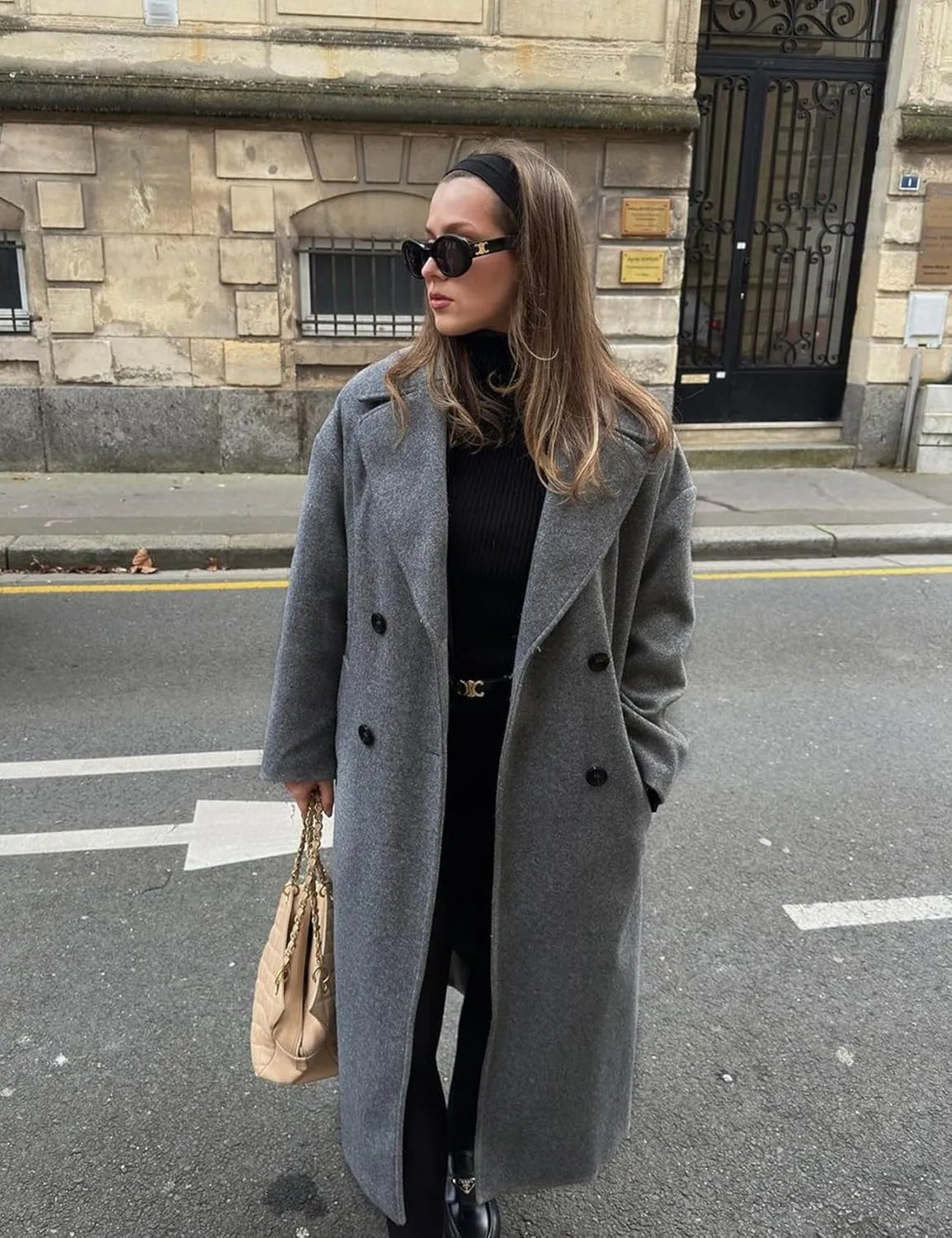 Flygo Womens Long Pea Coat Double Breasted Notch Lapel Trench Coat Office Work Peacoat Jacket Dress Coat