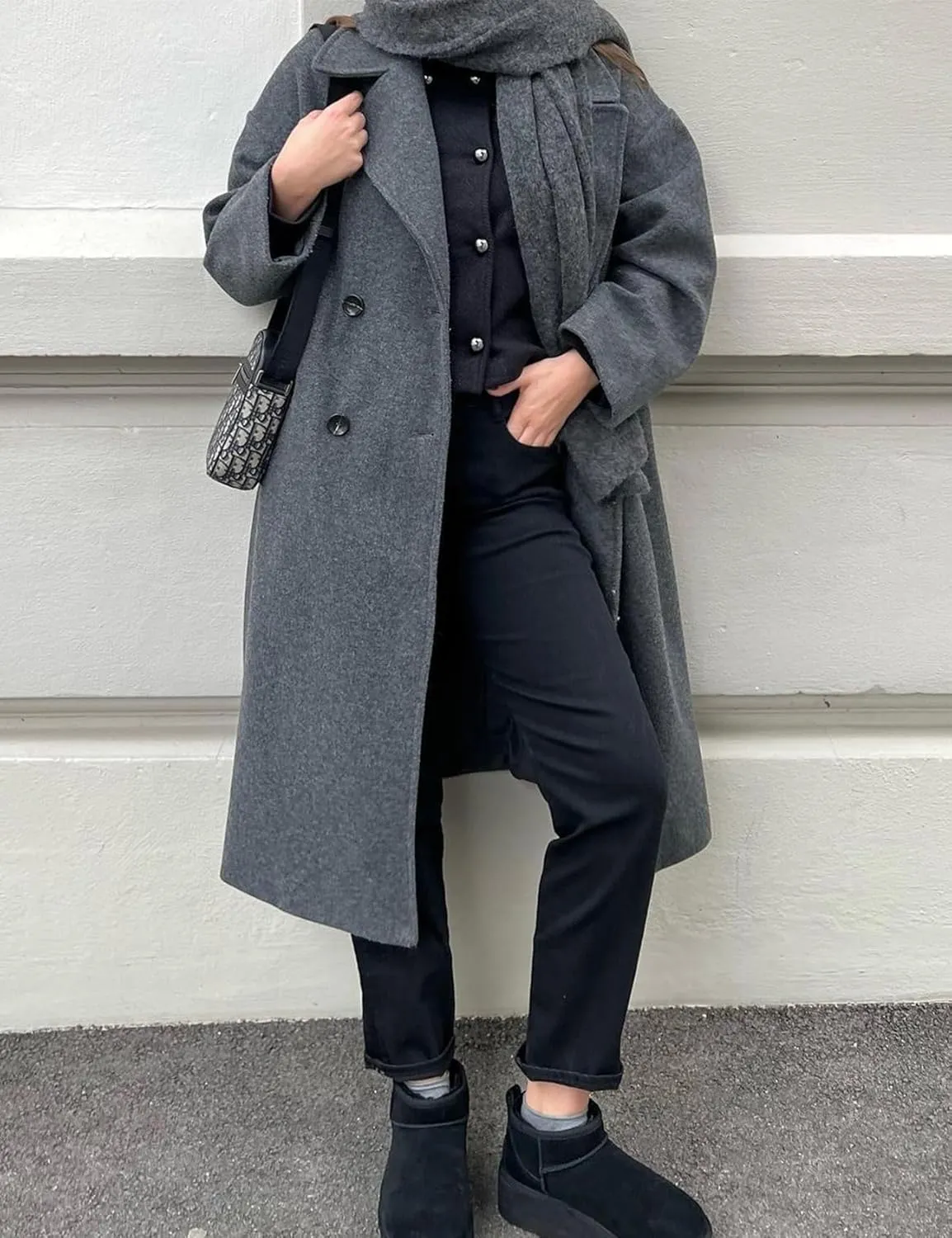 Flygo Womens Long Pea Coat Double Breasted Notch Lapel Trench Coat Office Work Peacoat Jacket Dress Coat