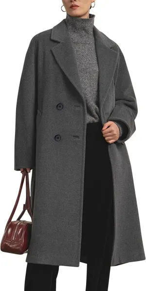 Flygo Womens Long Pea Coat Double Breasted Notch Lapel Trench Coat Office Work Peacoat Jacket Dress Coat