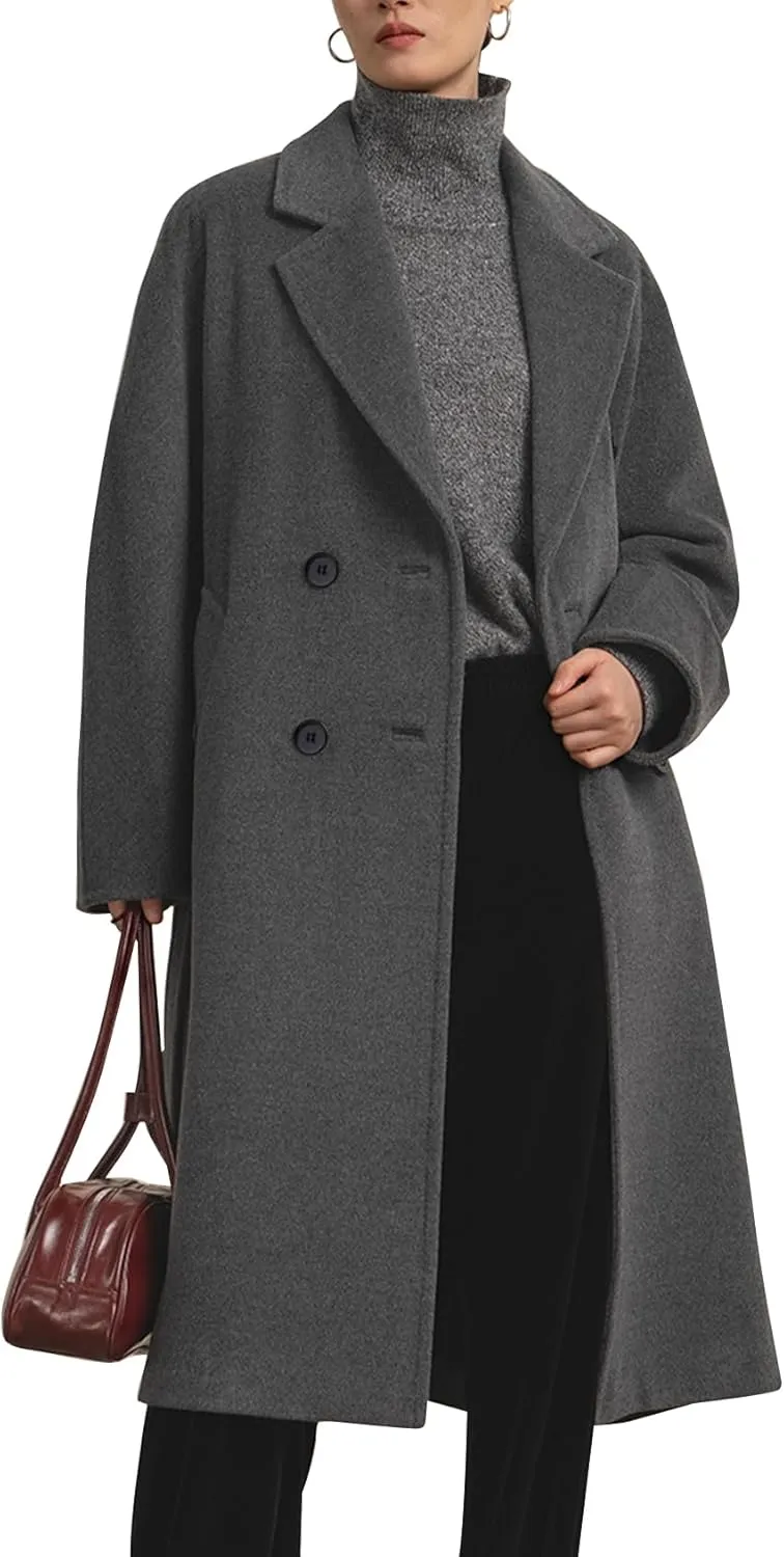 Flygo Womens Long Pea Coat Double Breasted Notch Lapel Trench Coat Office Work Peacoat Jacket Dress Coat