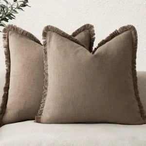 Foindtower Set of 2 Decorative Linen Fringe Throw Pillow Covers Cozy Boho Farmhouse Cushion Cover with Tassels Soft Accent Pillowcase for Couch Sofa Bed Living Room Home Decor,18×18 Inch,Light Brown