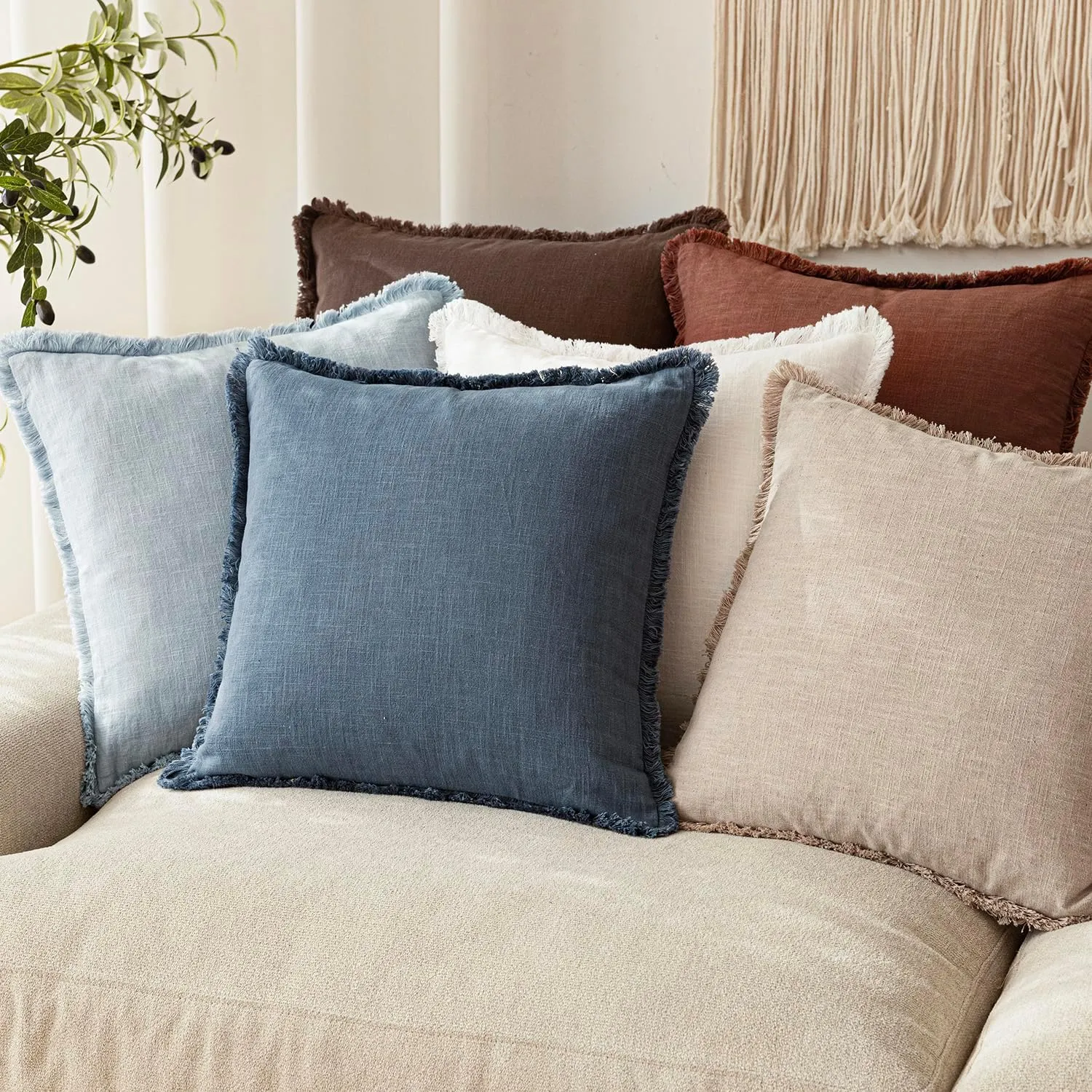 Foindtower Set of 2 Decorative Linen Fringe Throw Pillow Covers Cozy Farmhouse Cushion Cover with Tassels Accent Pillowcase for Couch Chair Sofa Bed Living Room Home Decor,18×18 Inch,Dark Blue