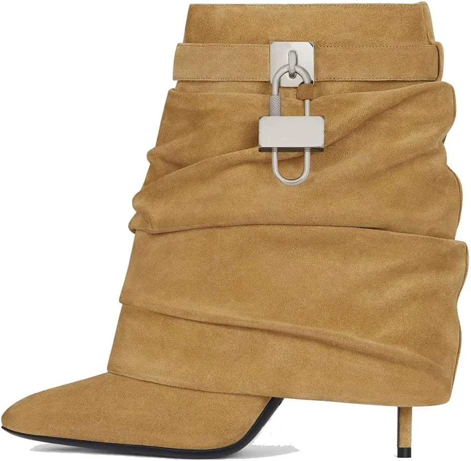 Fold Over Boots for Women Slouchy Stiletto High Heel Pointed Toe Metal Buckle Shark Lock Boots Mid Calf Pull On 2024 Fashion Boots Short Booties
