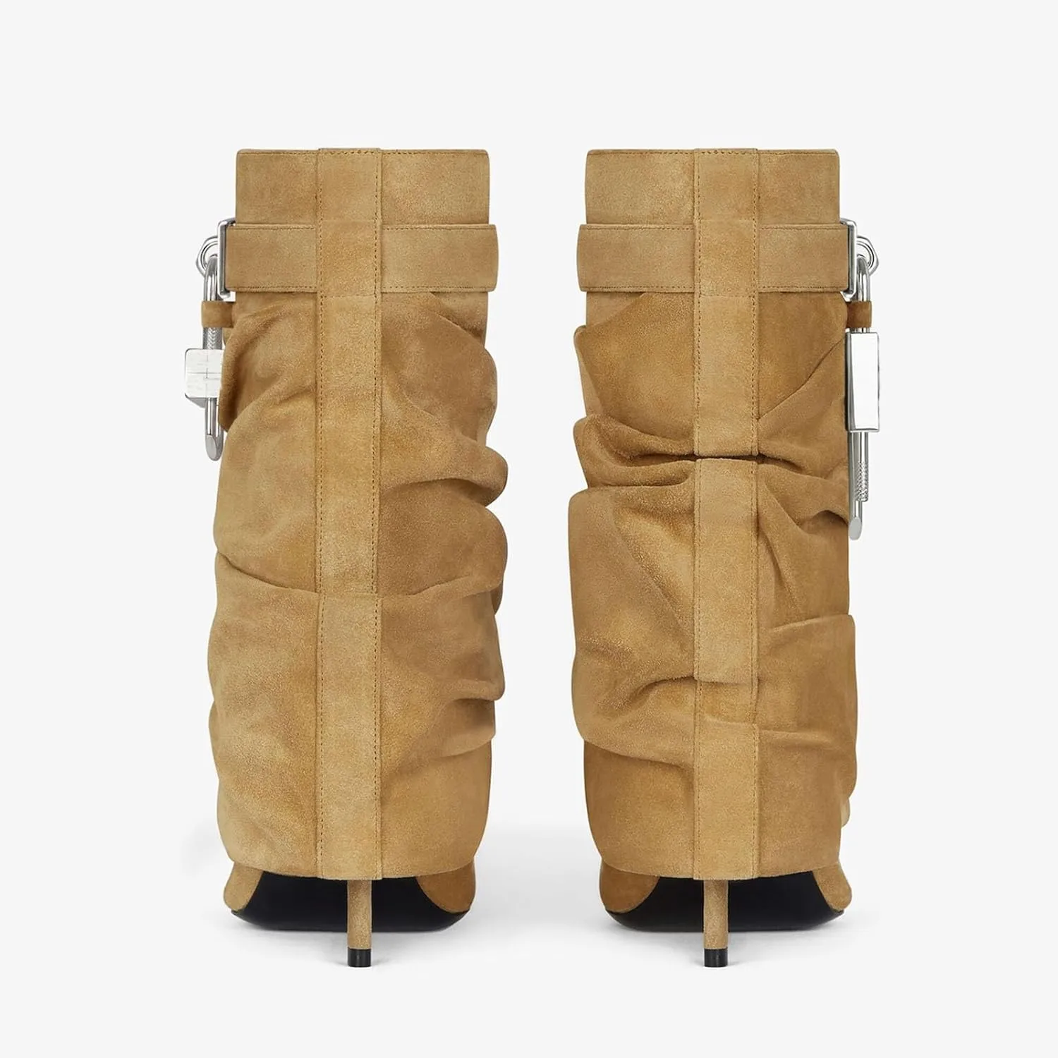 Fold Over Boots for Women Slouchy Stiletto High Heel Pointed Toe Metal Buckle Shark Lock Boots Mid Calf Pull On 2024 Fashion Boots Short Booties