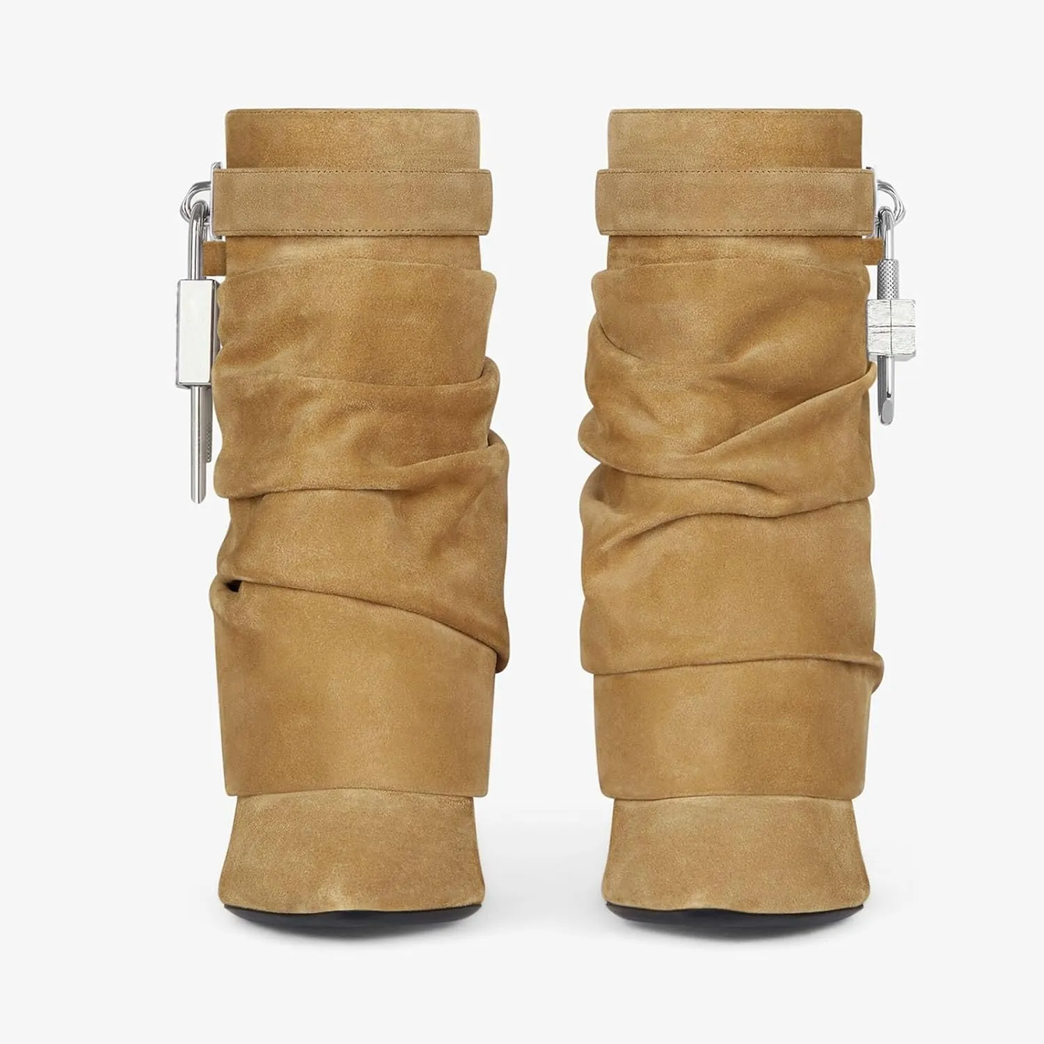 Fold Over Boots for Women Slouchy Stiletto High Heel Pointed Toe Metal Buckle Shark Lock Boots Mid Calf Pull On 2024 Fashion Boots Short Booties