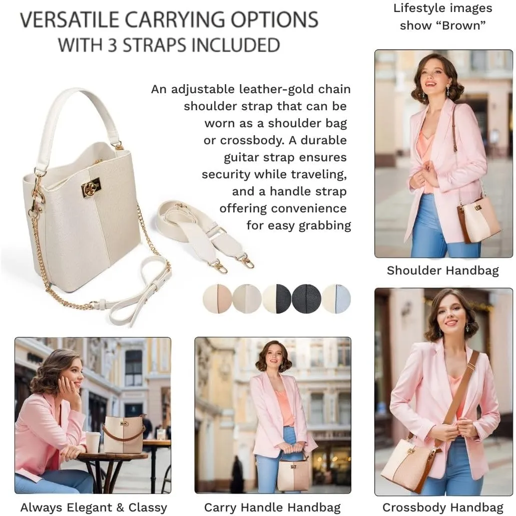 FOLSOM Leather Crossbody Bags for Women - 5 Colors | Leather Bucket Bags for Women - 3 Straps, 3 Compartments, & 3 Closures