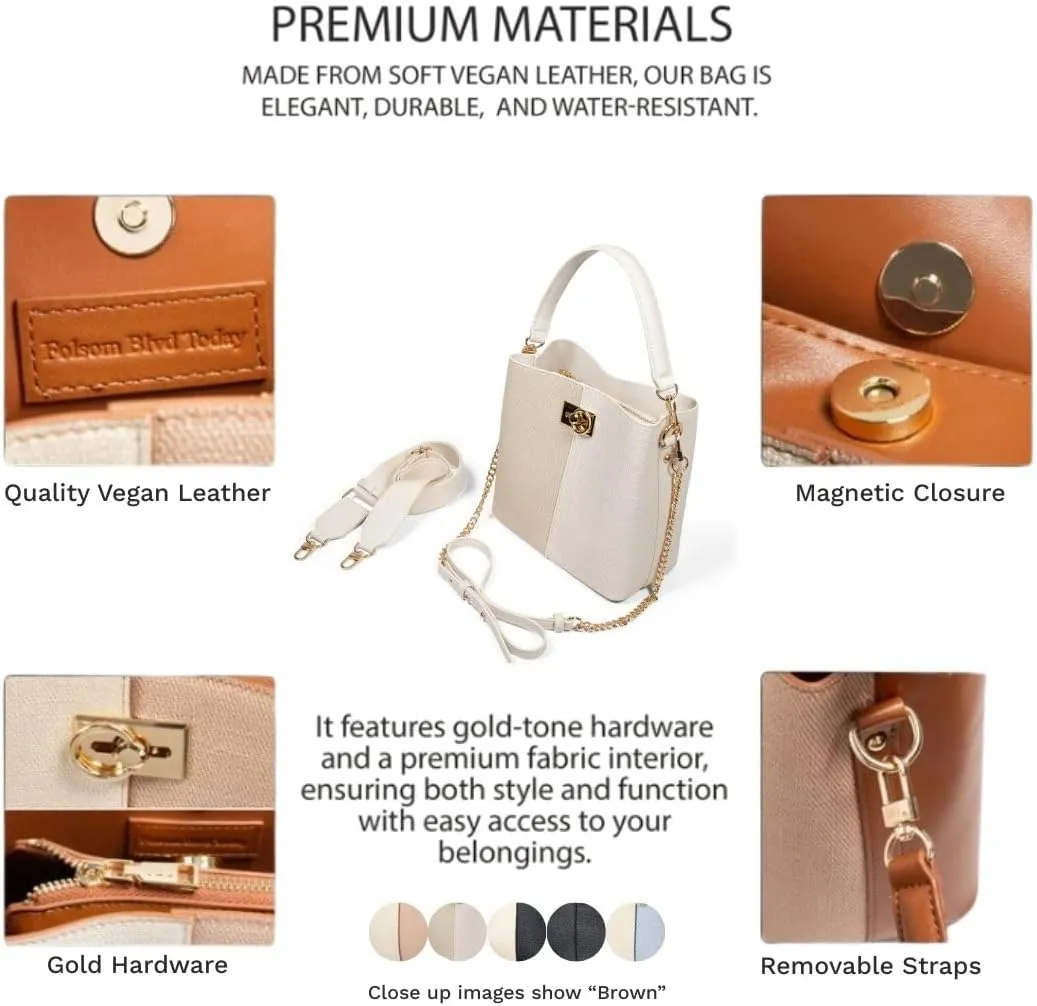 FOLSOM Leather Crossbody Bags for Women - 5 Colors | Leather Bucket Bags for Women - 3 Straps, 3 Compartments, & 3 Closures