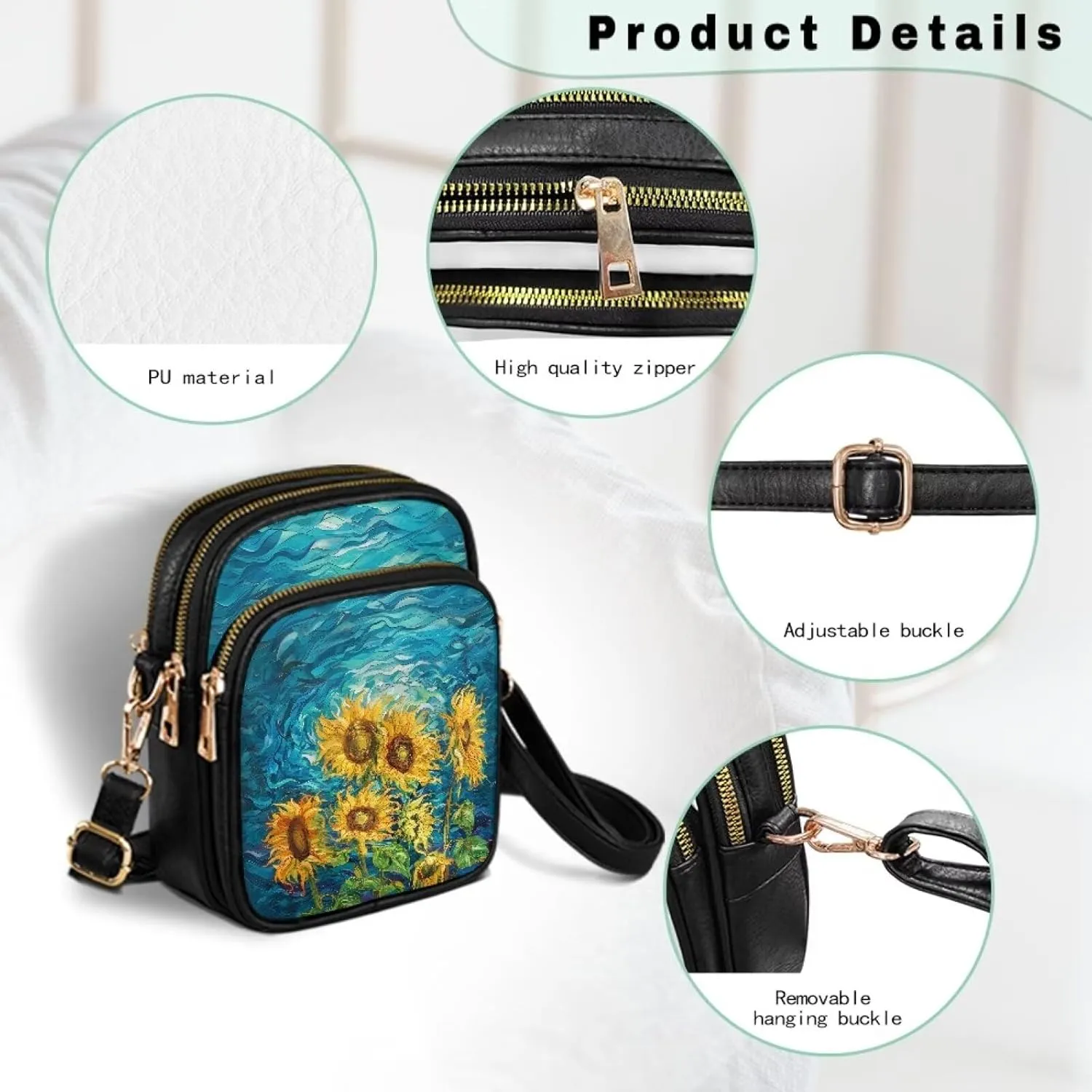 FOR U DESIGNS Sunflower Crossbody Bags for Women Leather Hobo Satchel Purses Multi Zipper Pockets Trendy Shoulder Bag