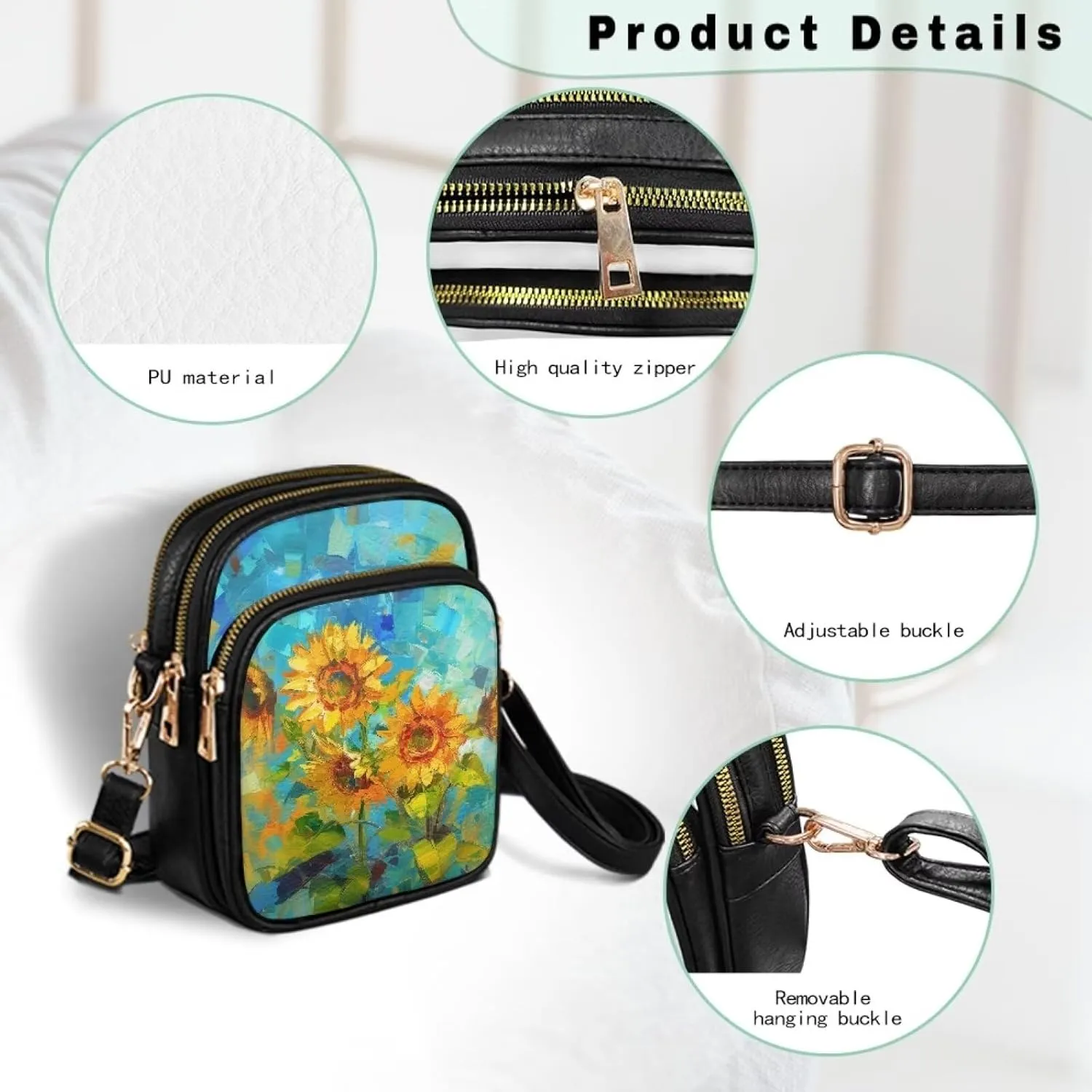 FOR U DESIGNS Sunflower Crossbody Bags for Women Leather Hobo Satchel Purses Multi Zipper Pockets Trendy Shoulder Bag