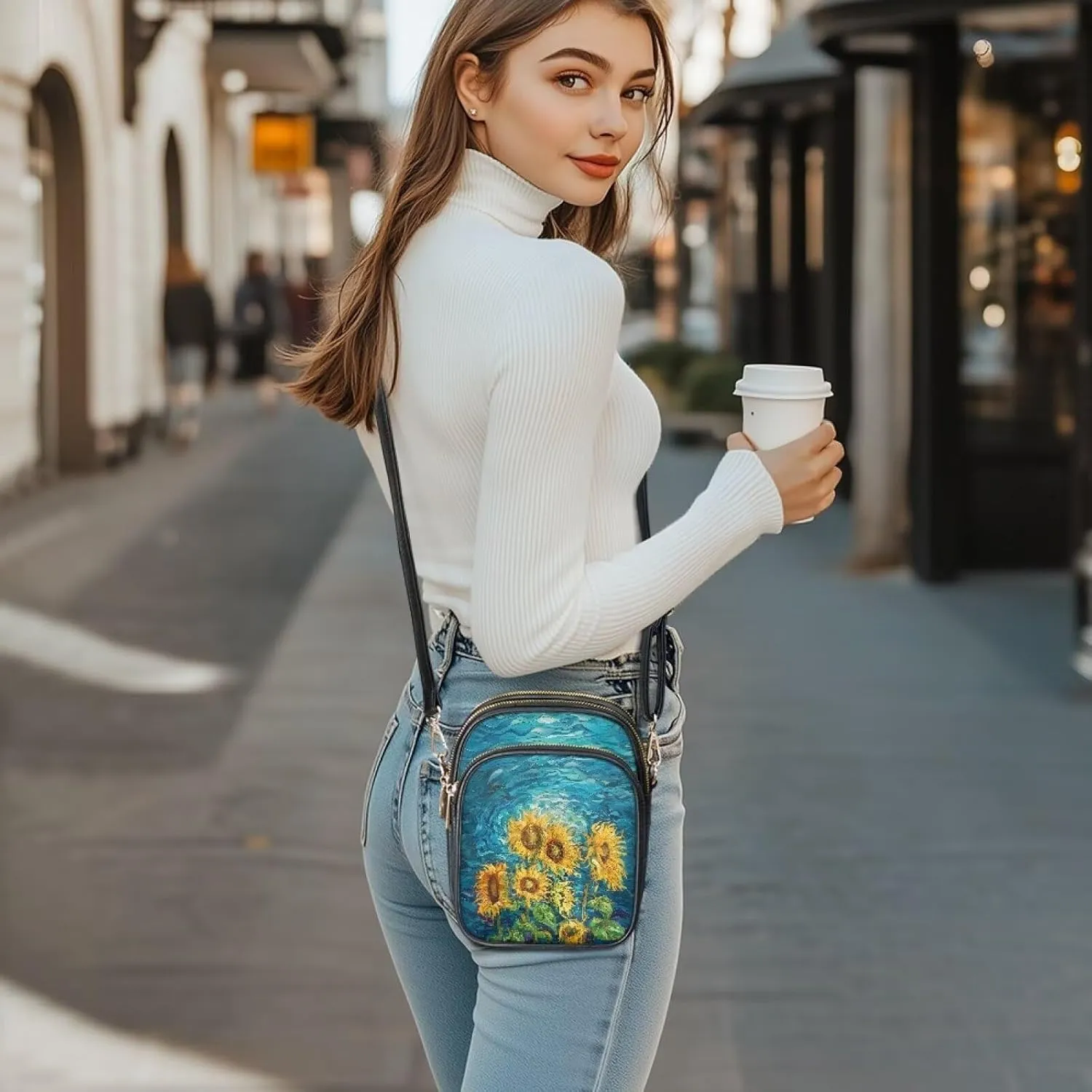 FOR U DESIGNS Sunflower Crossbody Bags for Women Leather Hobo Satchel Purses Multi Zipper Pockets Trendy Shoulder Bag