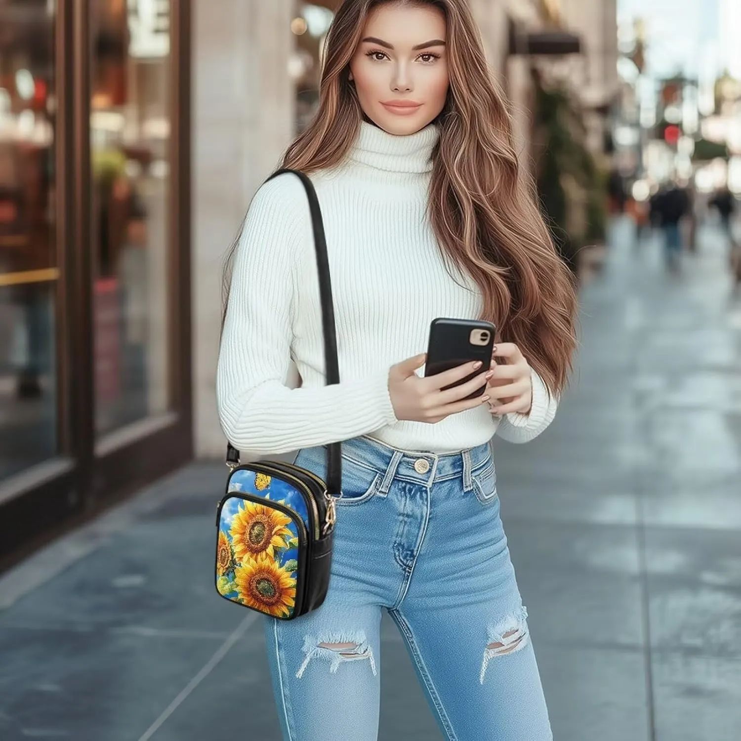 FOR U DESIGNS Sunflower Crossbody Bags for Women Leather Hobo Satchel Purses Multi Zipper Pockets Trendy Shoulder Bag