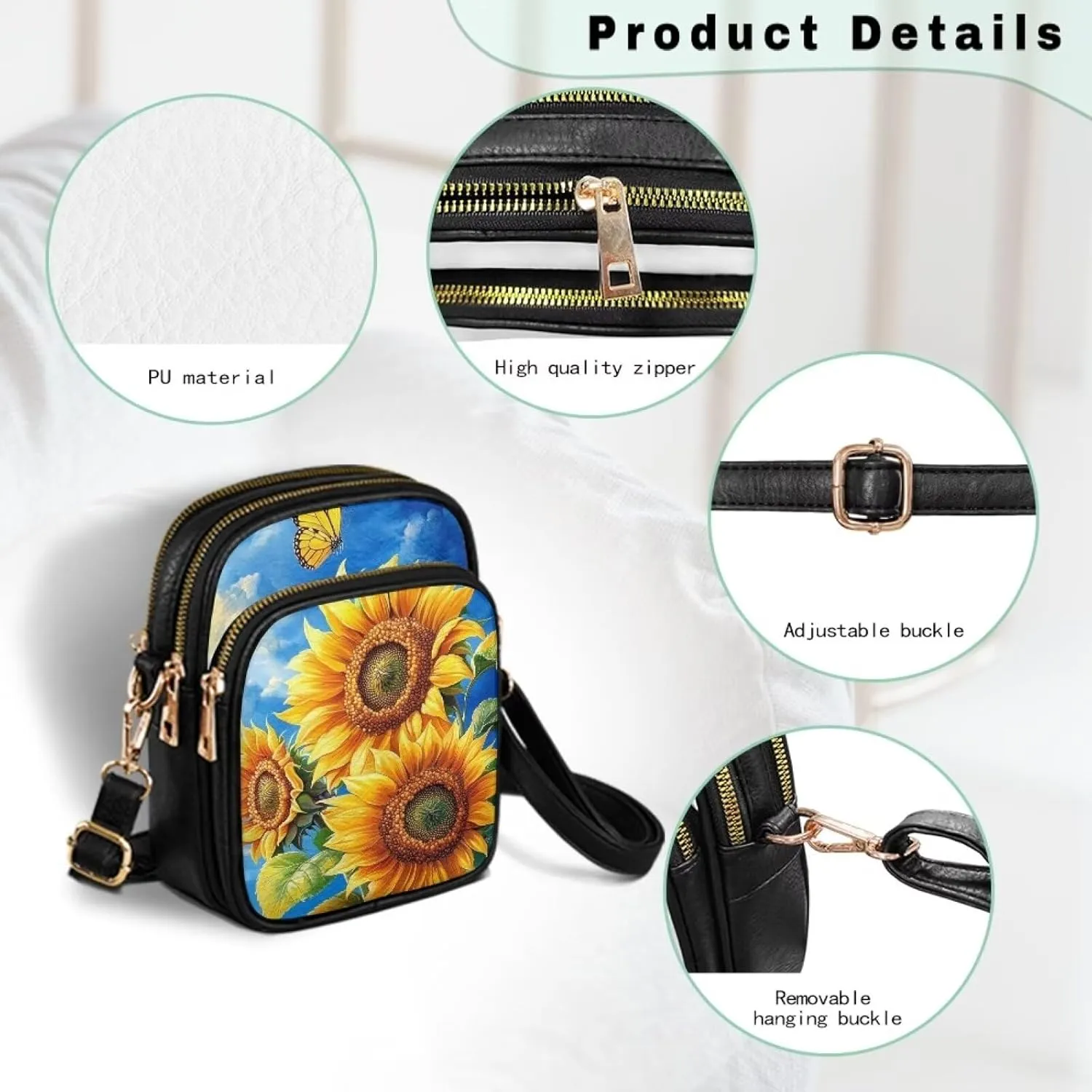 FOR U DESIGNS Sunflower Crossbody Bags for Women Leather Hobo Satchel Purses Multi Zipper Pockets Trendy Shoulder Bag