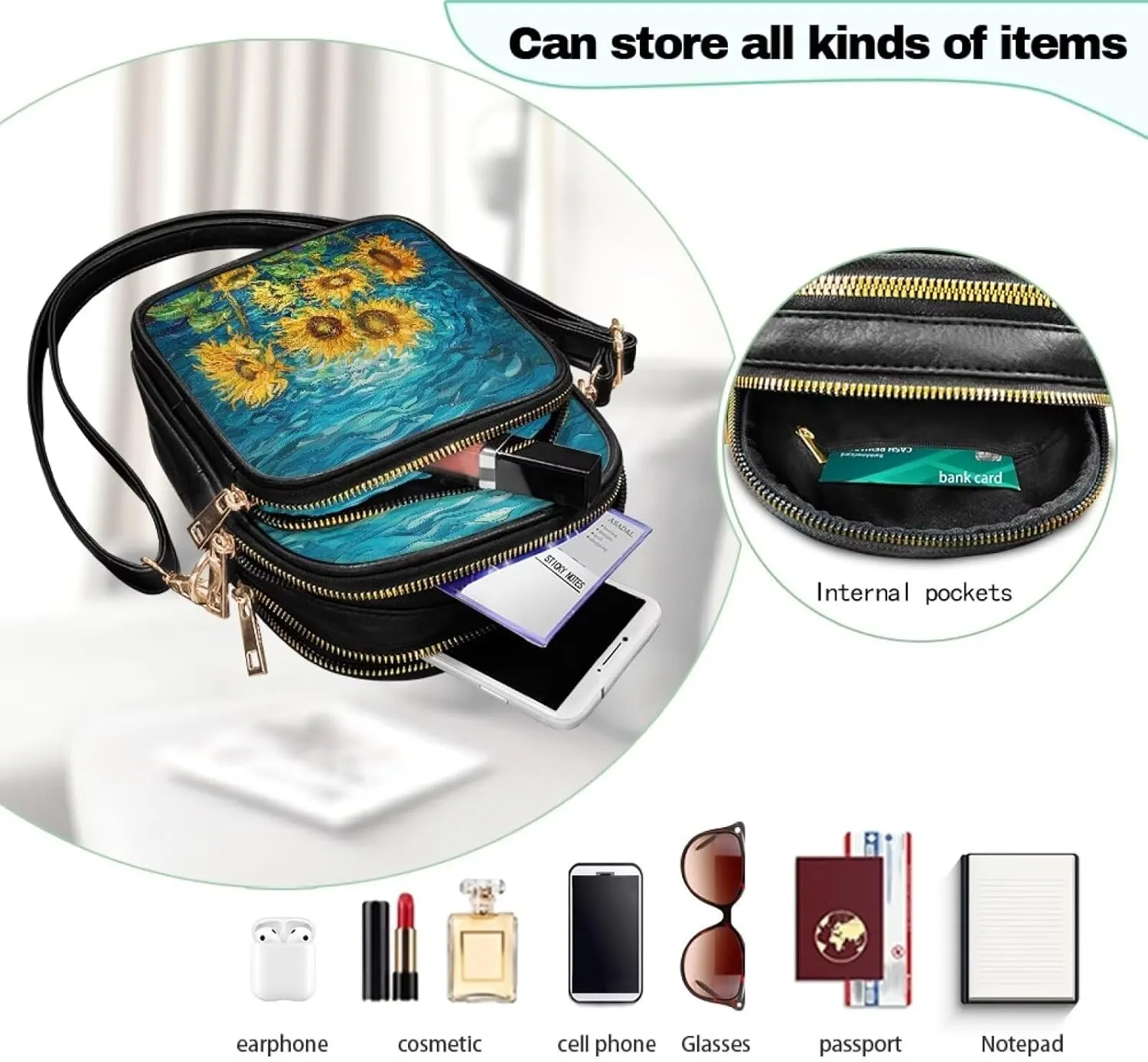 FOR U DESIGNS Sunflower Crossbody Bags for Women Leather Hobo Satchel Purses Multi Zipper Pockets Trendy Shoulder Bag