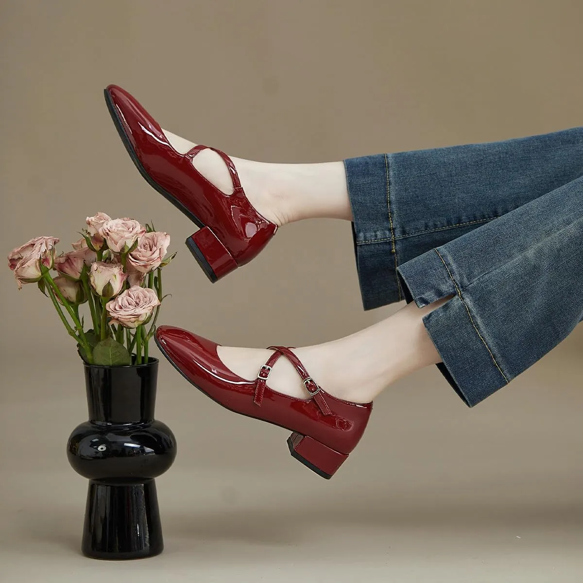 FOWT Women Square Toe Crossed Strap Mary Janes Block Low Heel Pumps Adjustable Buckles Lovely Dates Party Wedding Dress Shoes Size 4-16 US