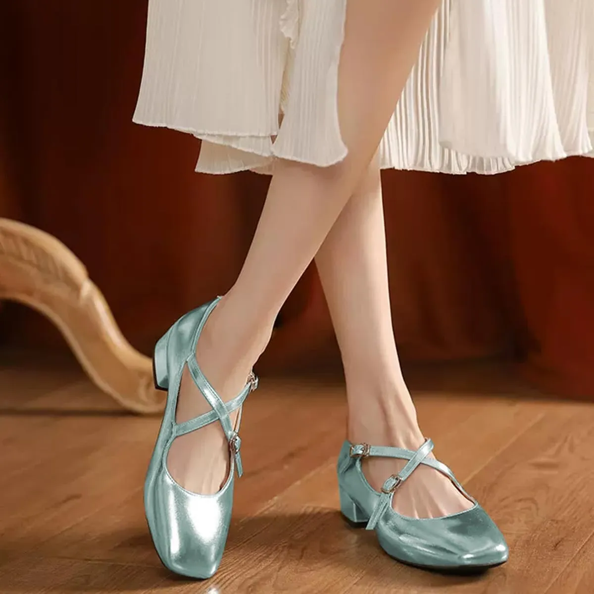 FOWT Women Square Toe Crossed Strap Mary Janes Block Low Heel Pumps Adjustable Buckles Lovely Dates Party Wedding Dress Shoes Size 4-16 US