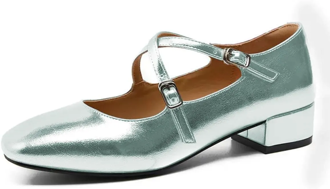 FOWT Women Square Toe Crossed Strap Mary Janes Block Low Heel Pumps Adjustable Buckles Lovely Dates Party Wedding Dress Shoes Size 4-16 US