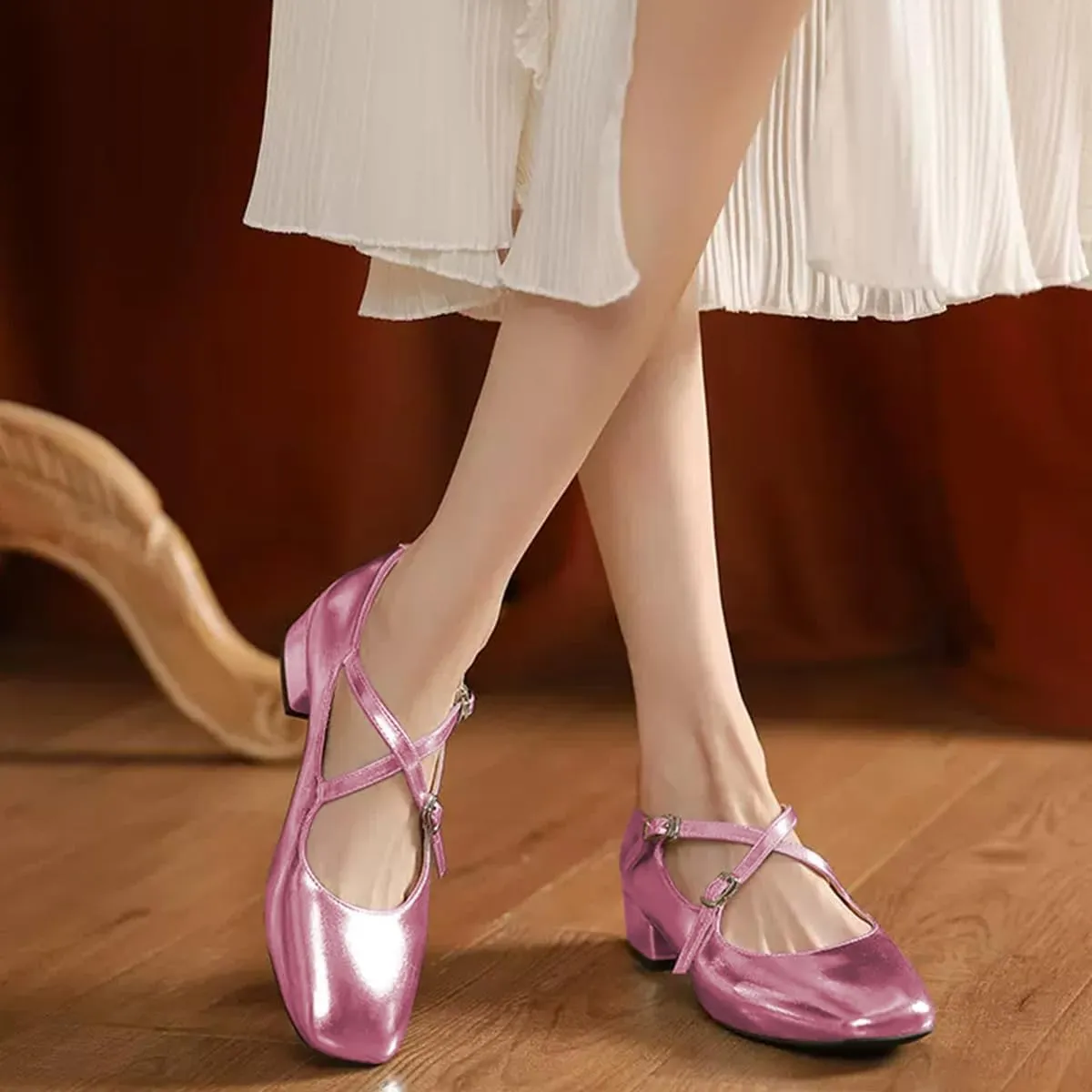 FOWT Women Square Toe Crossed Strap Mary Janes Block Low Heel Pumps Adjustable Buckles Lovely Dates Party Wedding Dress Shoes Size 4-16 US