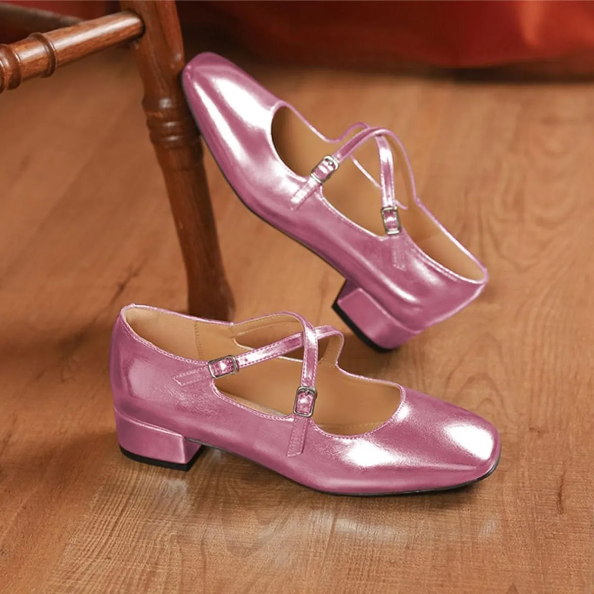FOWT Women Square Toe Crossed Strap Mary Janes Block Low Heel Pumps Adjustable Buckles Lovely Dates Party Wedding Dress Shoes Size 4-16 US