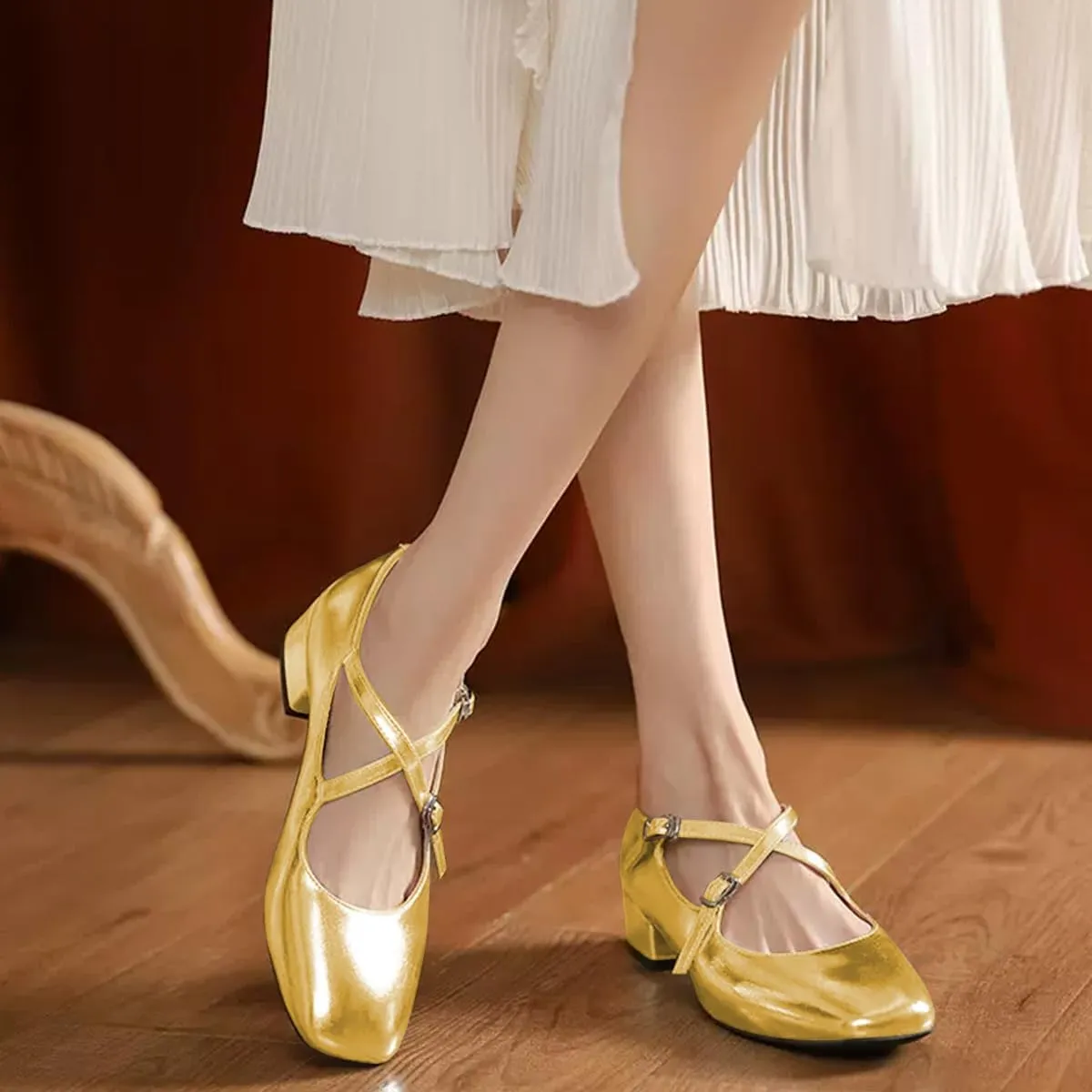 FOWT Women Square Toe Crossed Strap Mary Janes Block Low Heel Pumps Adjustable Buckles Lovely Dates Party Wedding Dress Shoes Size 4-16 US