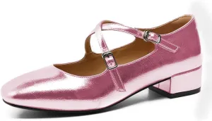 FOWT Women Square Toe Crossed Strap Mary Janes Block Low Heel Pumps Adjustable Buckles Lovely Dates Party Wedding Dress Shoes Size 4-16 US