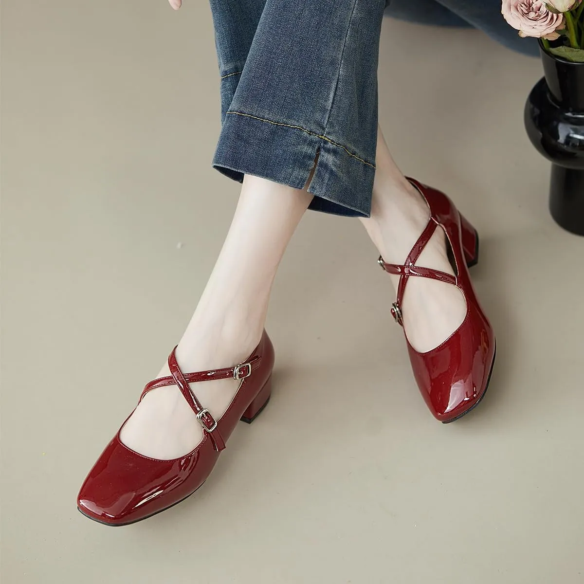 FOWT Women Square Toe Crossed Strap Mary Janes Block Low Heel Pumps Adjustable Buckles Lovely Dates Party Wedding Dress Shoes Size 4-16 US