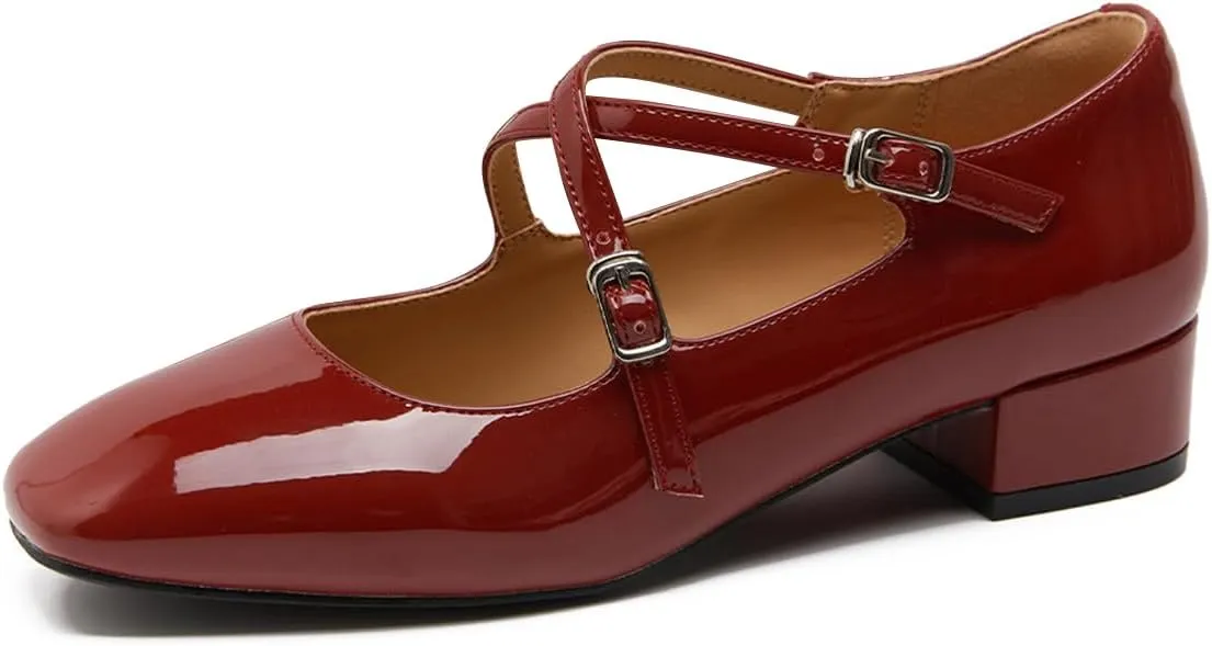 FOWT Women Square Toe Crossed Strap Mary Janes Block Low Heel Pumps Adjustable Buckles Lovely Dates Party Wedding Dress Shoes Size 4-16 US