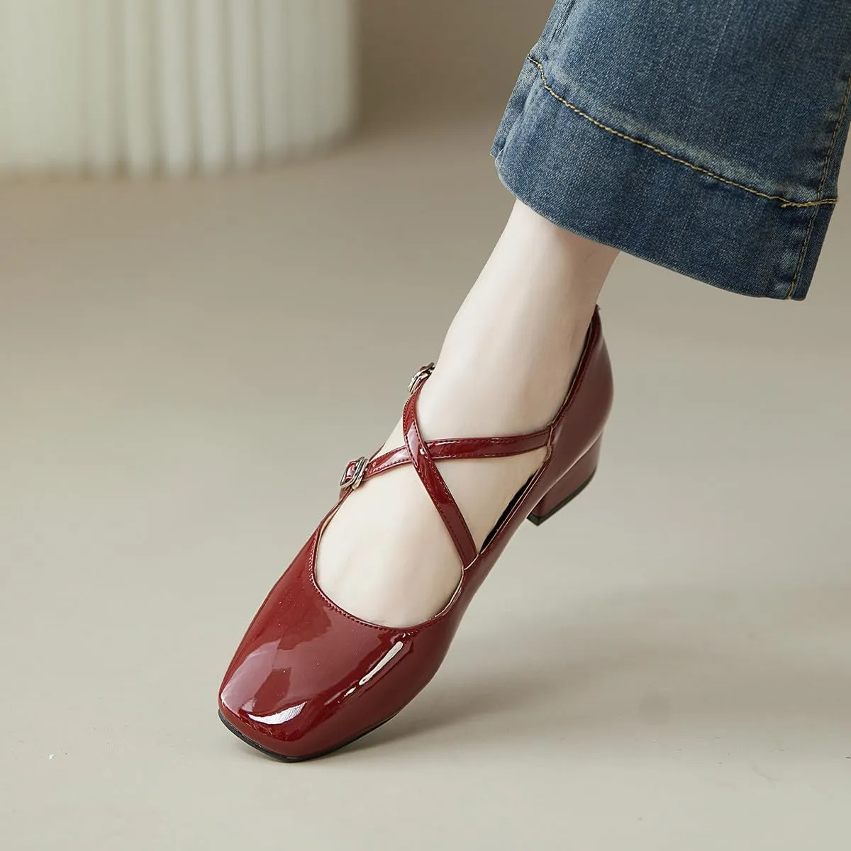 FOWT Women Square Toe Crossed Strap Mary Janes Block Low Heel Pumps Adjustable Buckles Lovely Dates Party Wedding Dress Shoes Size 4-16 US