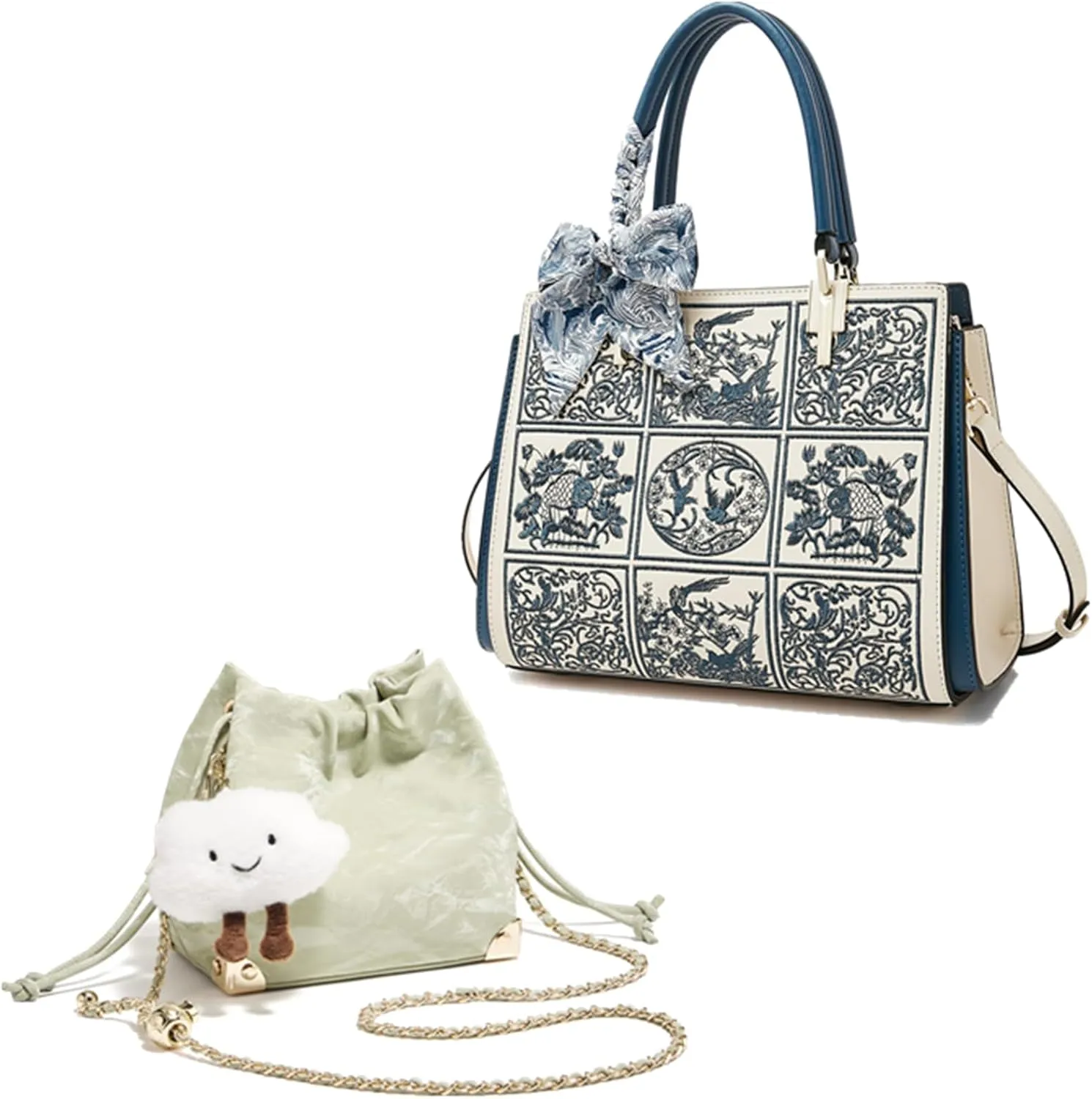 FOXLOVER Embroidery Satchel Handbags for Women and Chamois Crossbody bags Small Bucket for Women