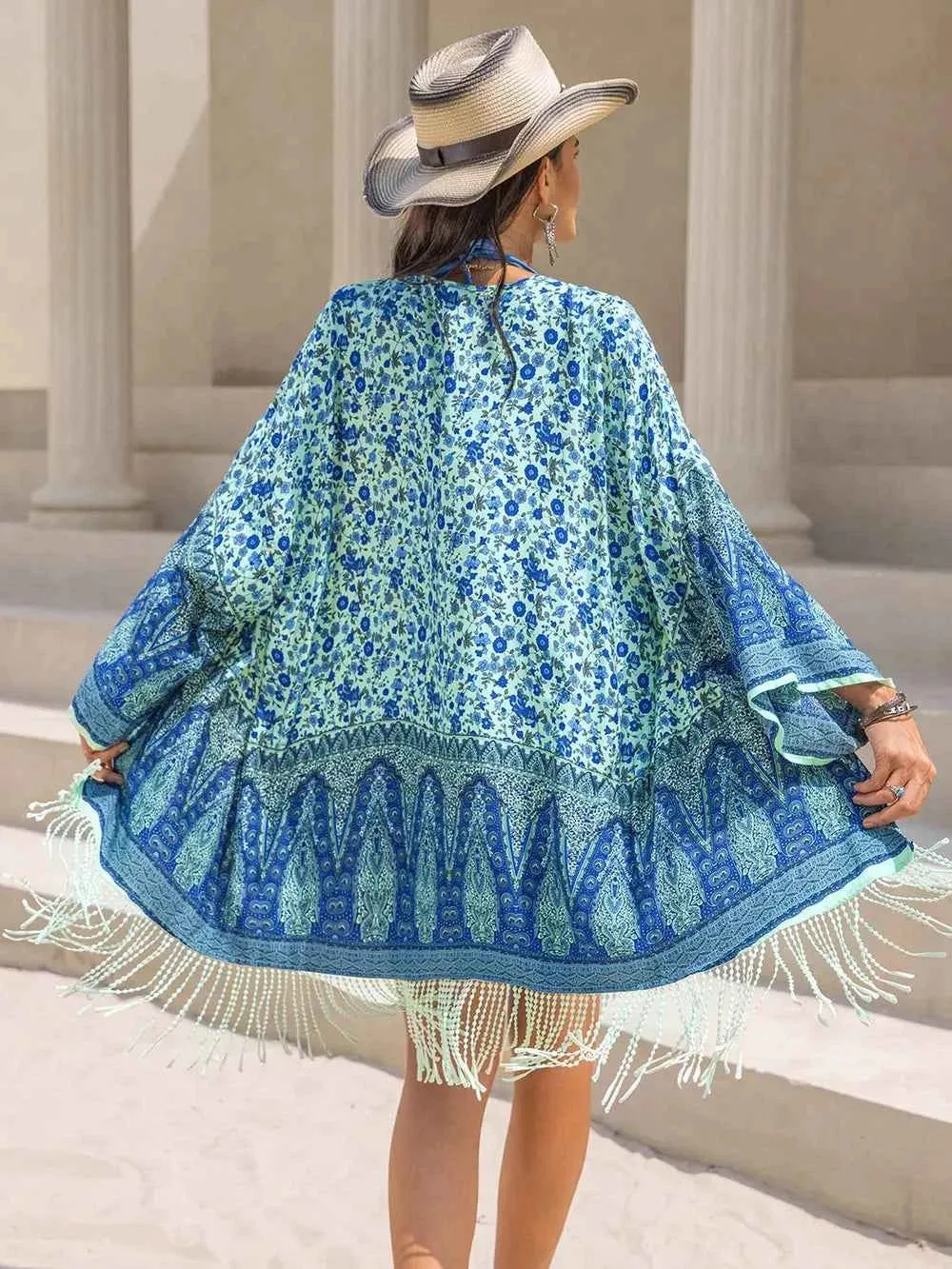 Fringe Printed Cover-Up for Stylish Open Front Fashion