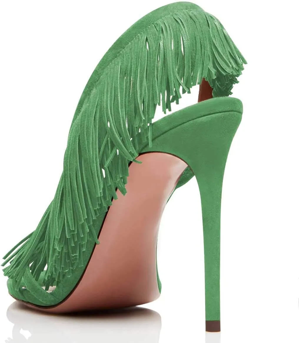 FSJ Women Sexy Fringe Stiletto High Heel Sandals Open Toe Slip On Cut Out Slingback Evening Party Dress Shoes Size 4-15 US