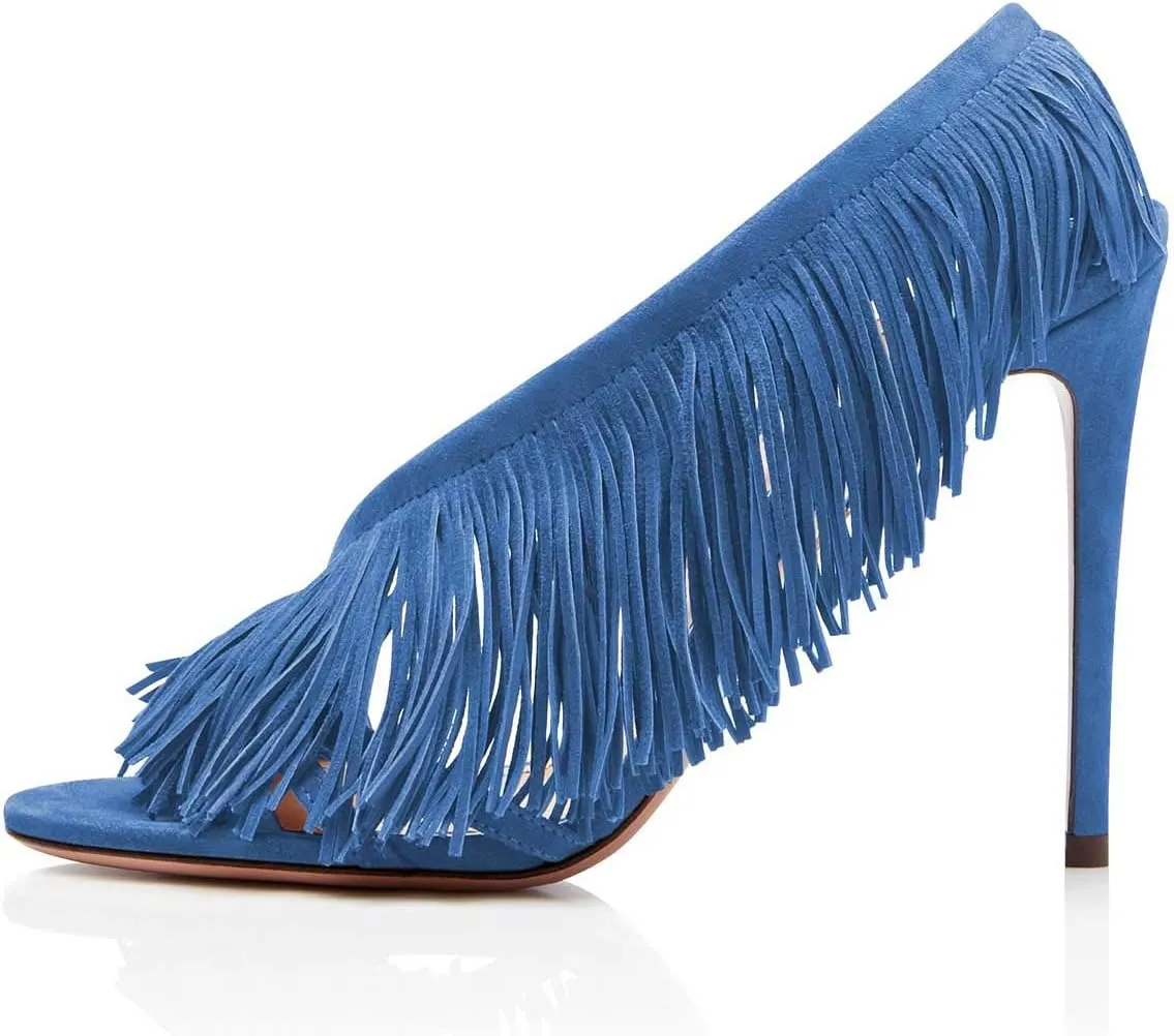 FSJ Women Sexy Fringe Stiletto High Heel Sandals Open Toe Slip On Cut Out Slingback Evening Party Dress Shoes Size 4-15 US