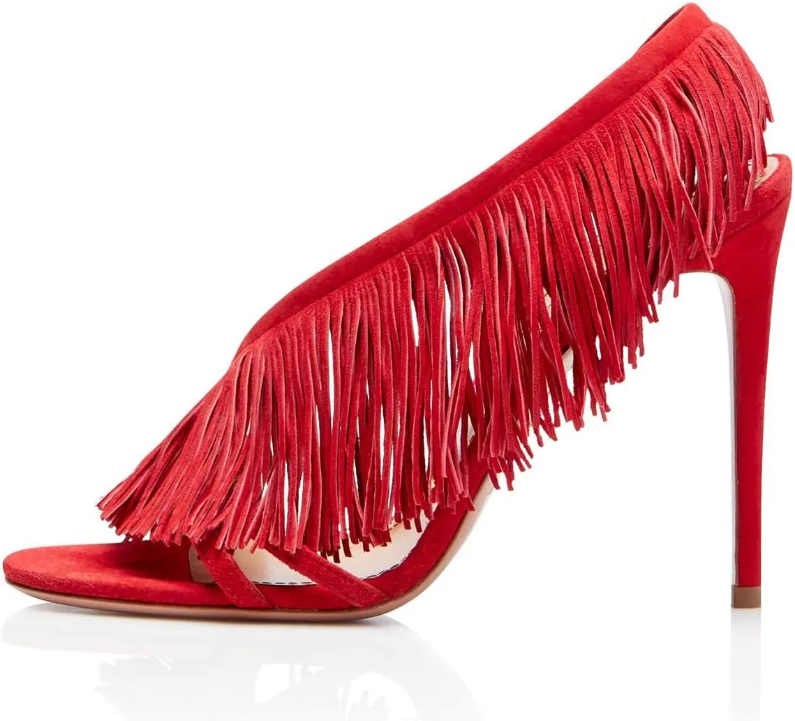 FSJ Women Sexy Fringe Stiletto High Heel Sandals Open Toe Slip On Cut Out Slingback Evening Party Dress Shoes Size 4-15 US