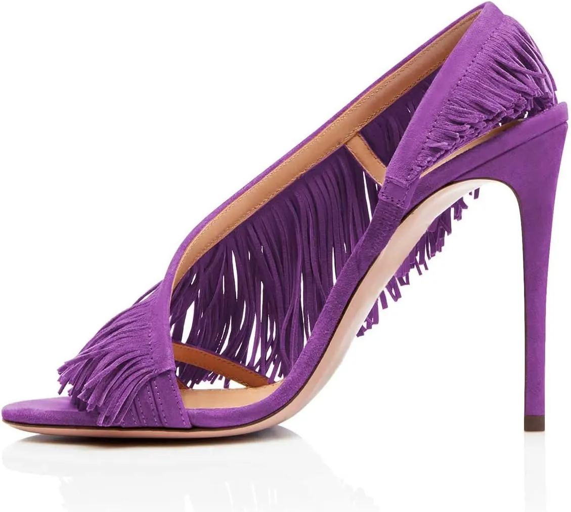 FSJ Women Sexy Fringe Stiletto High Heel Sandals Open Toe Slip On Cut Out Slingback Evening Party Dress Shoes Size 4-15 US
