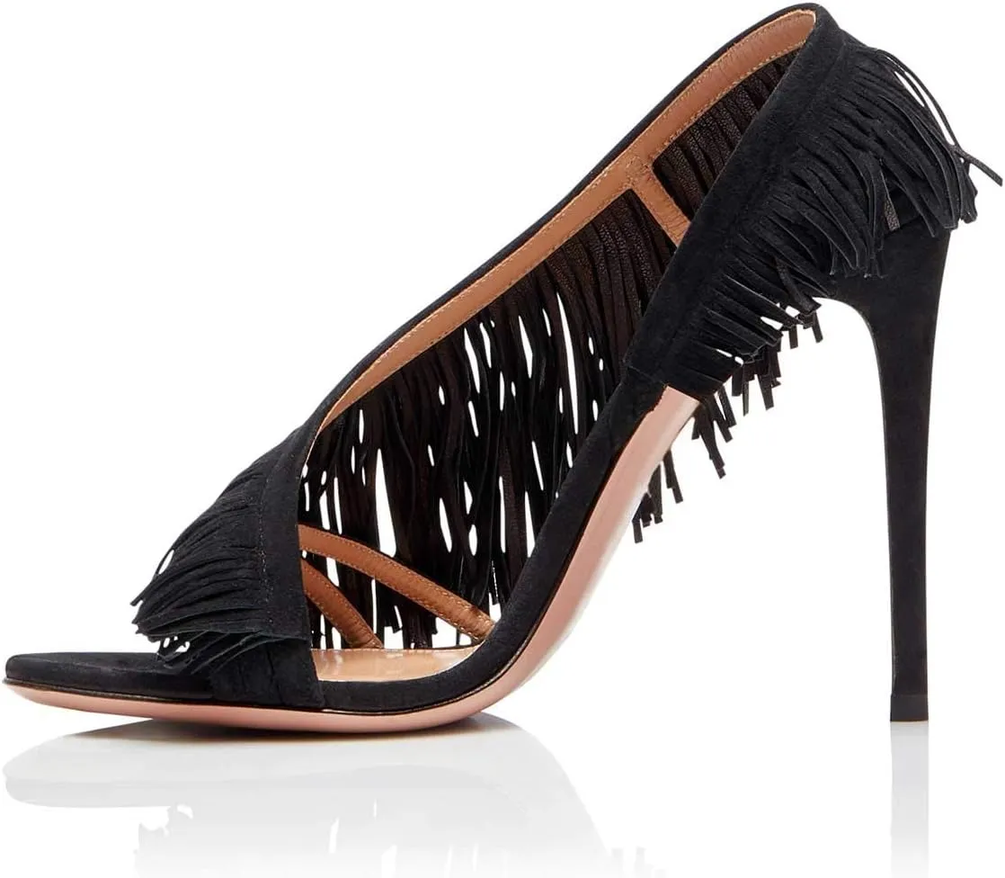 FSJ Women Sexy Fringe Stiletto High Heel Sandals Open Toe Slip On Cut Out Slingback Evening Party Dress Shoes Size 4-15 US