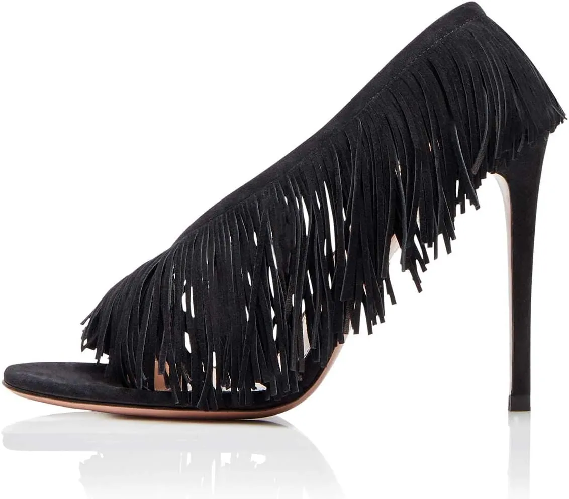 FSJ Women Sexy Fringe Stiletto High Heel Sandals Open Toe Slip On Cut Out Slingback Evening Party Dress Shoes Size 4-15 US