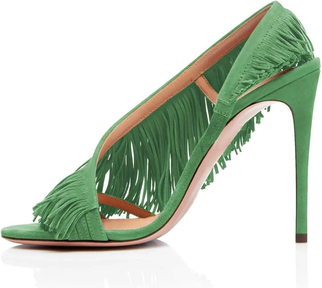 FSJ Women Sexy Fringe Stiletto High Heel Sandals Open Toe Slip On Cut Out Slingback Evening Party Dress Shoes Size 4-15 US