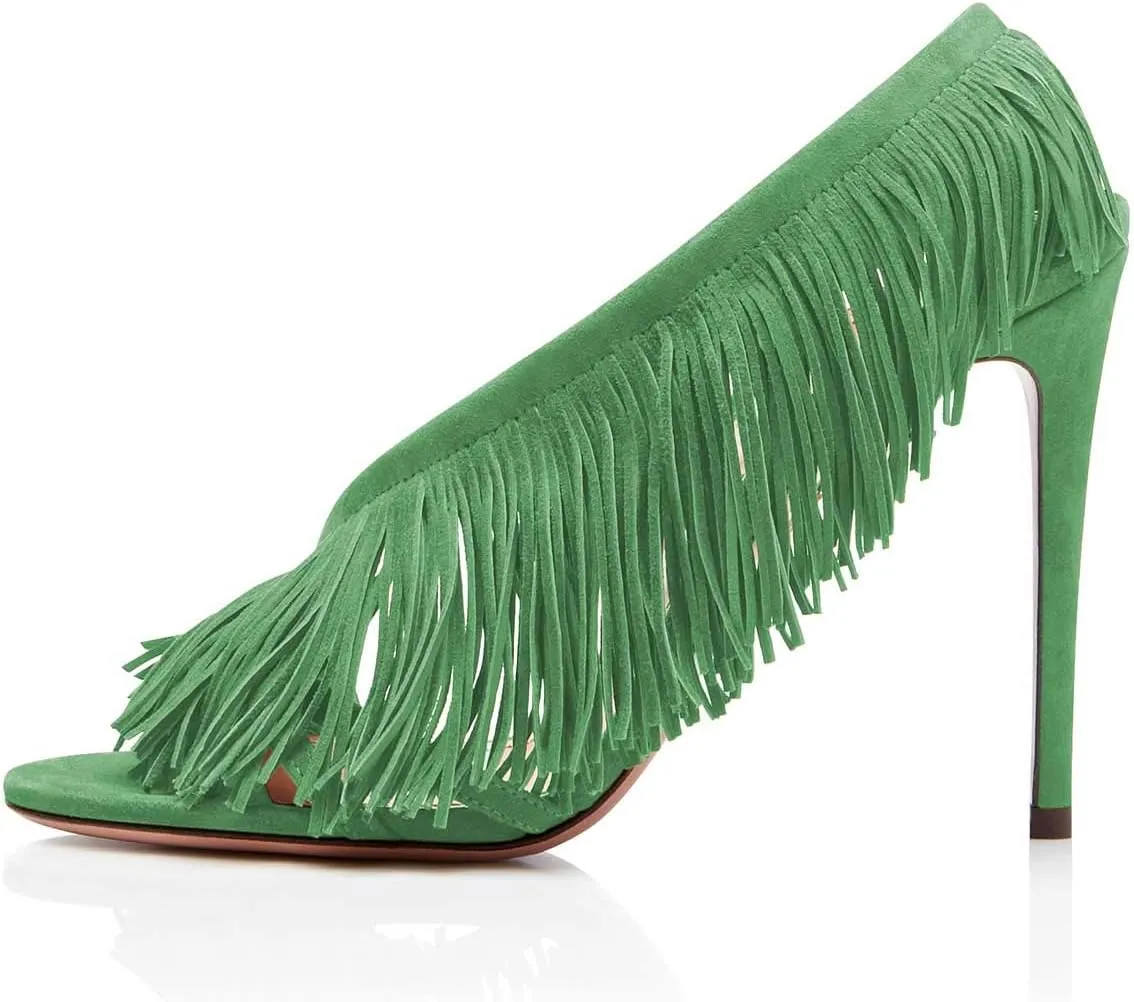 FSJ Women Sexy Fringe Stiletto High Heel Sandals Open Toe Slip On Cut Out Slingback Evening Party Dress Shoes Size 4-15 US