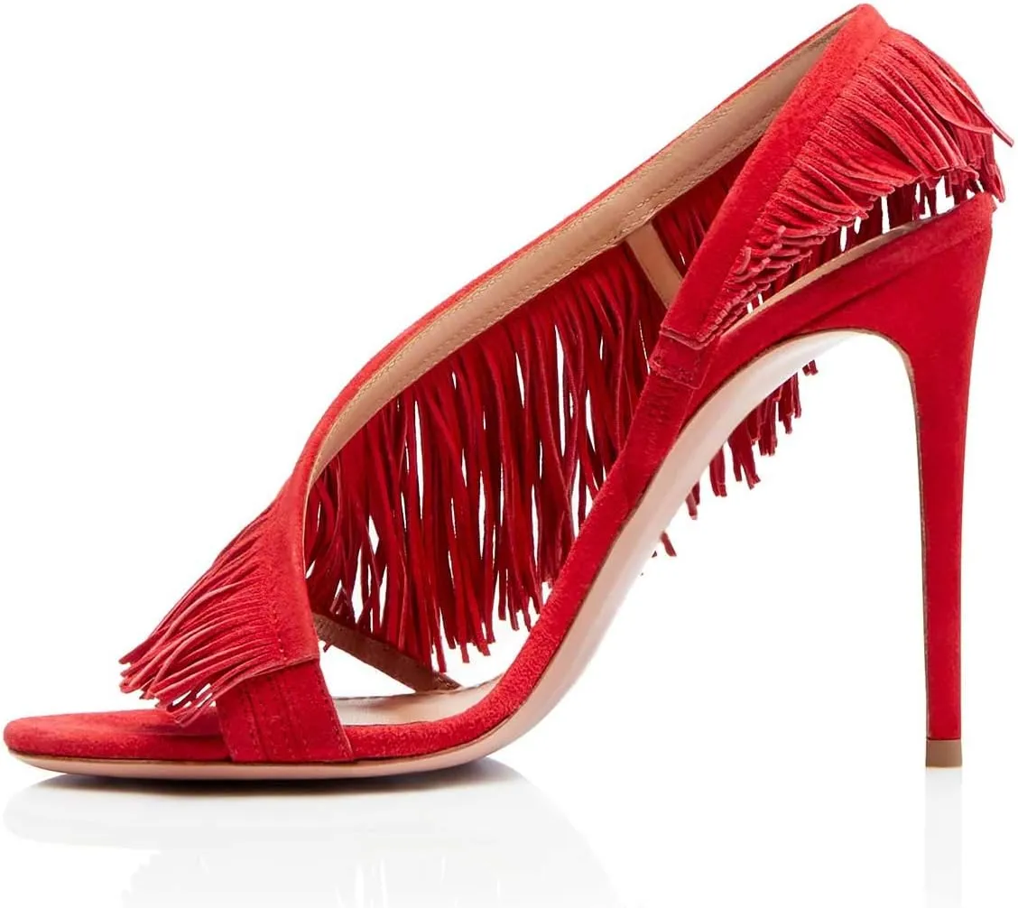 FSJ Women Sexy Fringe Stiletto High Heel Sandals Open Toe Slip On Cut Out Slingback Evening Party Dress Shoes Size 4-15 US