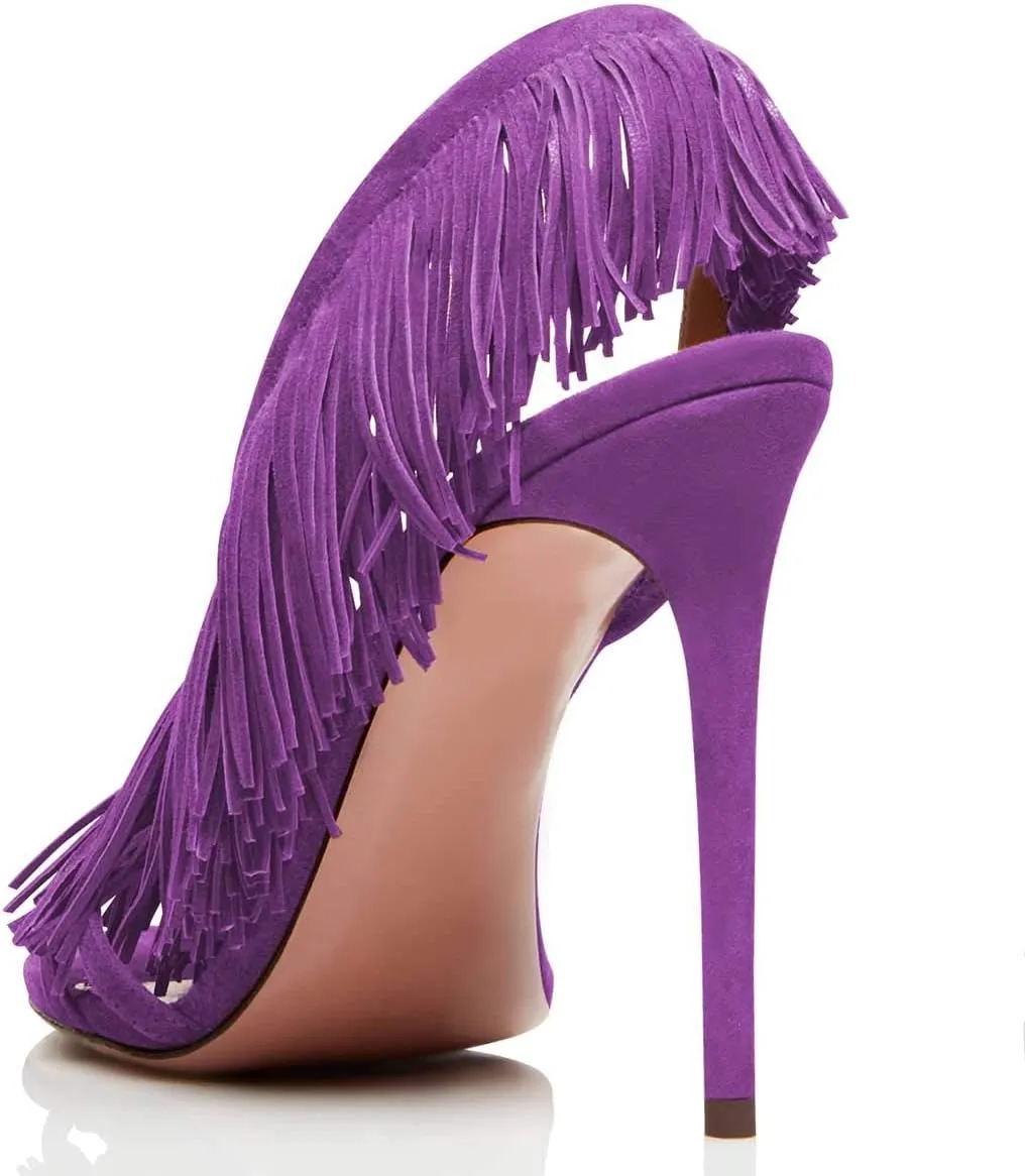 FSJ Women Sexy Fringe Stiletto High Heel Sandals Open Toe Slip On Cut Out Slingback Evening Party Dress Shoes Size 4-15 US
