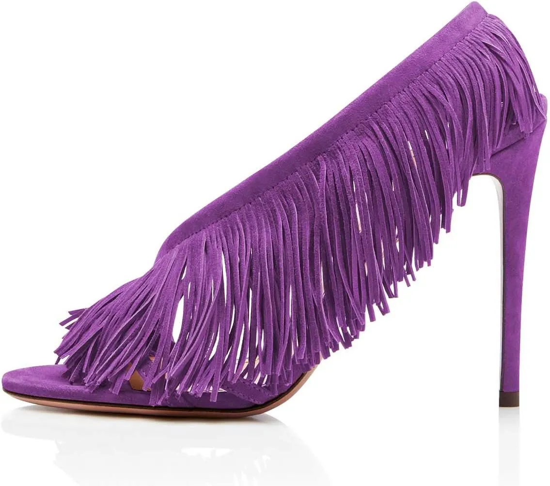 FSJ Women Sexy Fringe Stiletto High Heel Sandals Open Toe Slip On Cut Out Slingback Evening Party Dress Shoes Size 4-15 US
